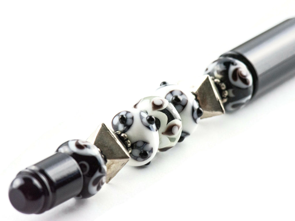 Black and White Beaded Metal Ballpoint Pen with Lampwork Glass Beads • Refillable