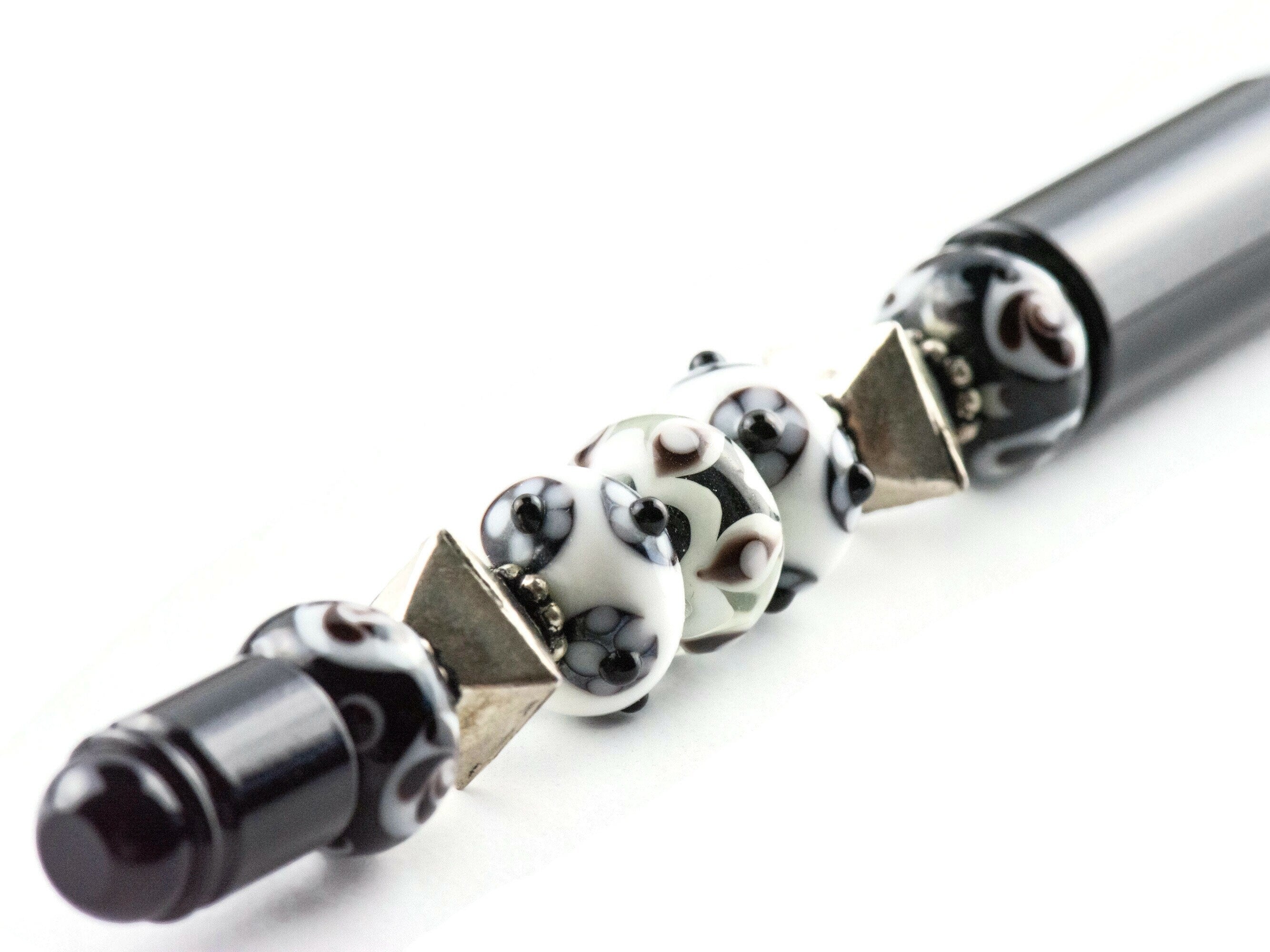 Black and White Beaded Metal Ballpoint Pen with Lampwork Glass Beads • Refillable