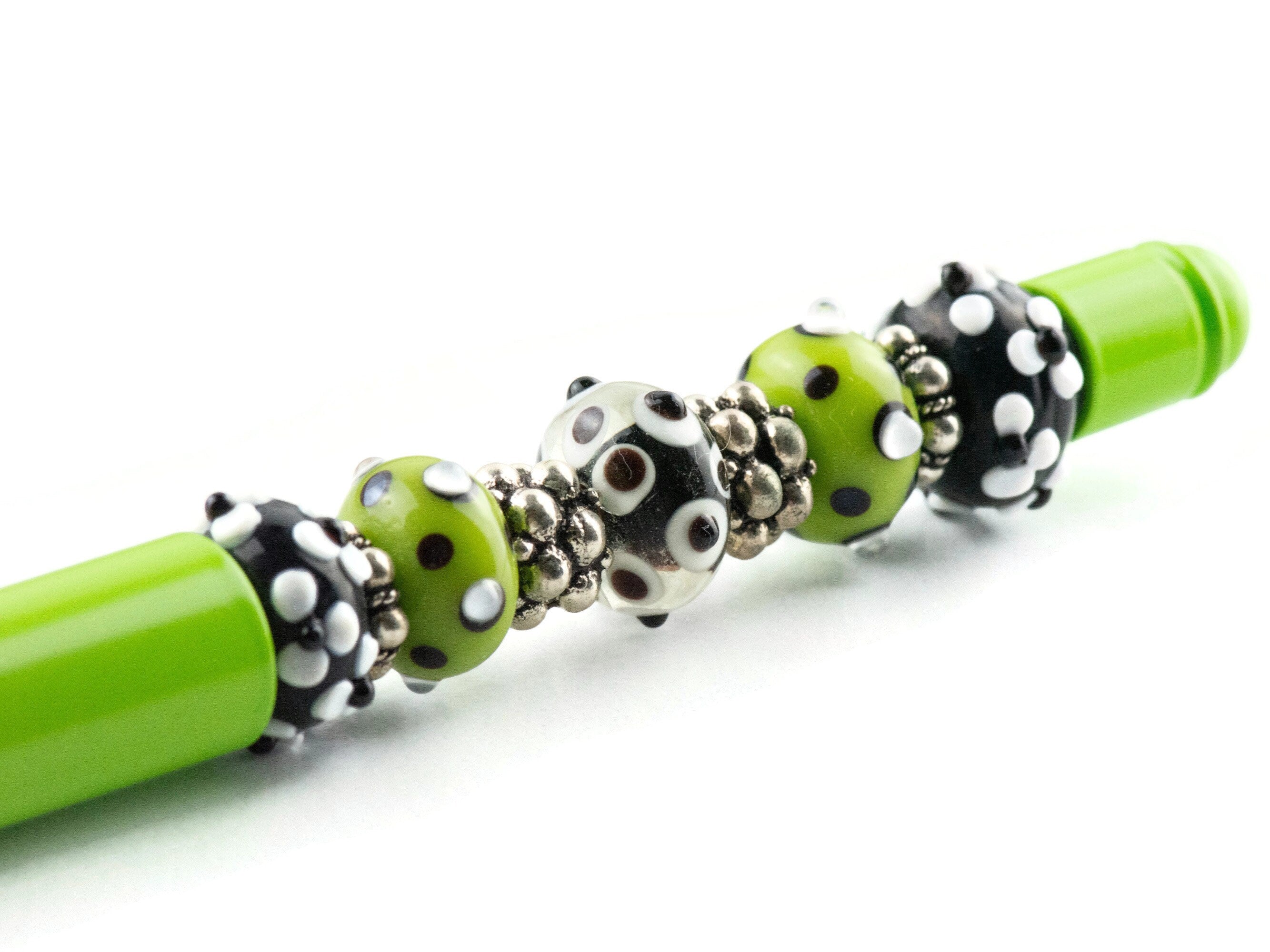 Lime Green Beaded Metal Ballpoint Pen with Lampwork Glass Beads