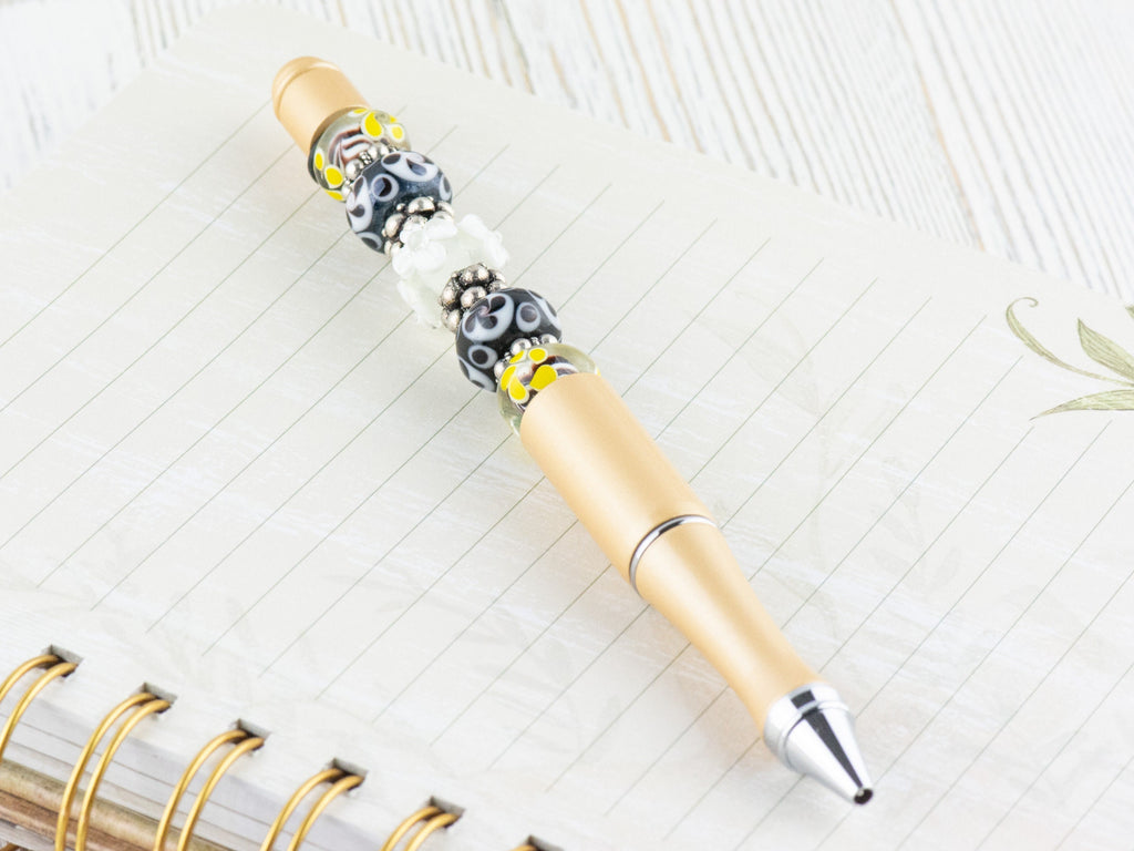 Black and Gold Beaded Metal Ballpoint Pen with Lampwork Glass Beads • Refillable