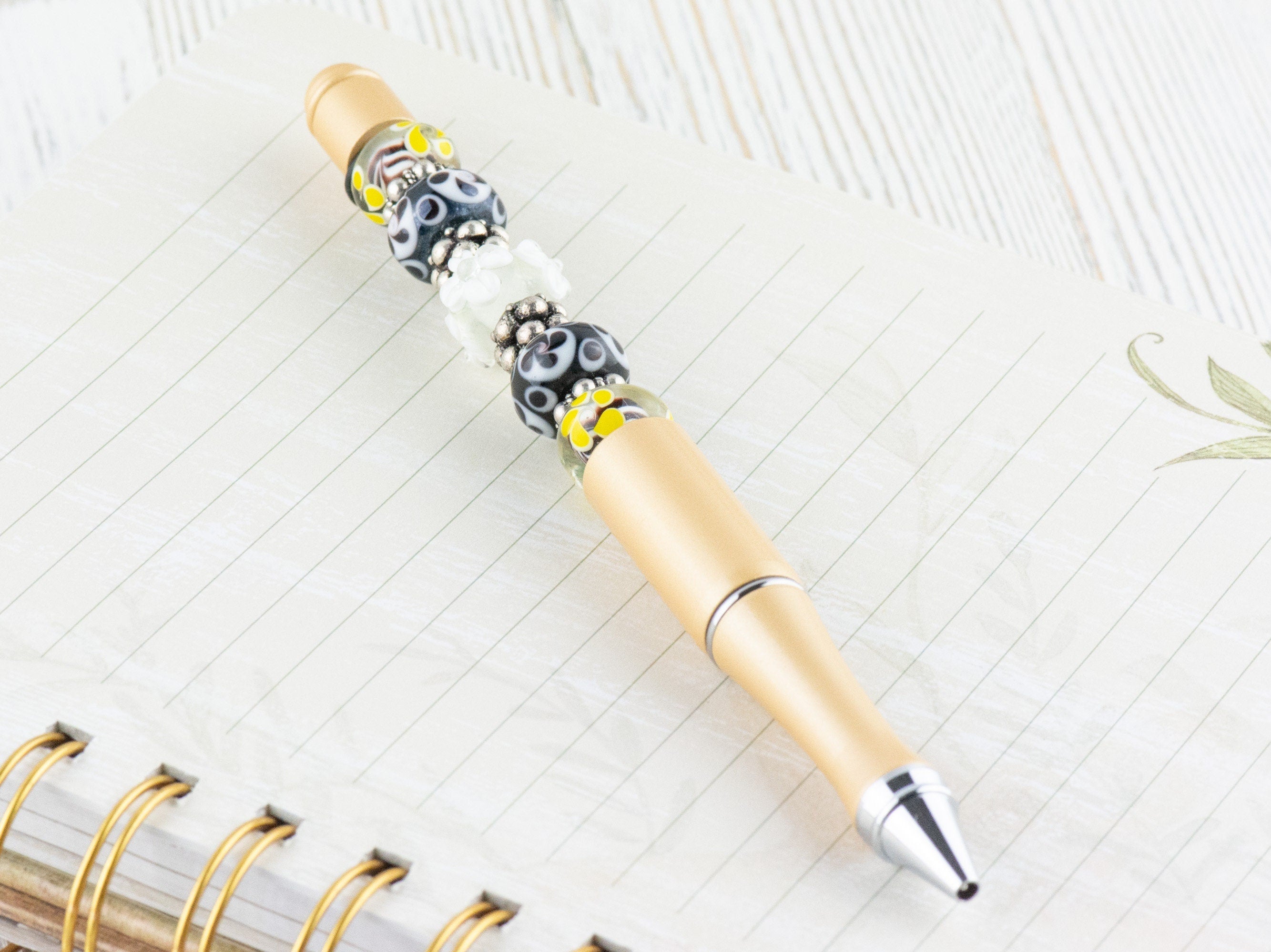 Black and Gold Beaded Metal Ballpoint Pen with Lampwork Glass Beads • Refillable