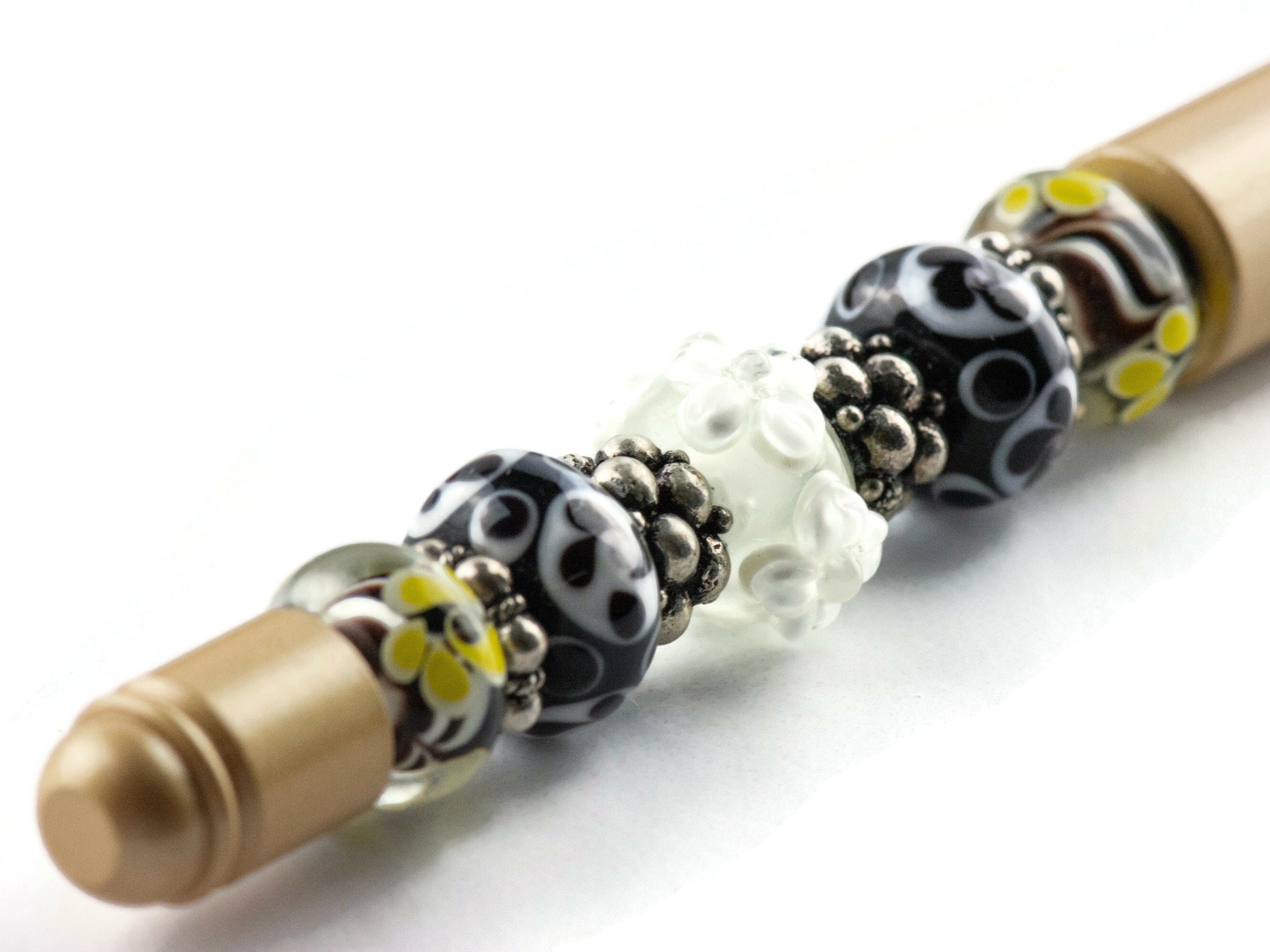 Black and Gold Beaded Metal Ballpoint Pen with Lampwork Glass Beads • Refillable