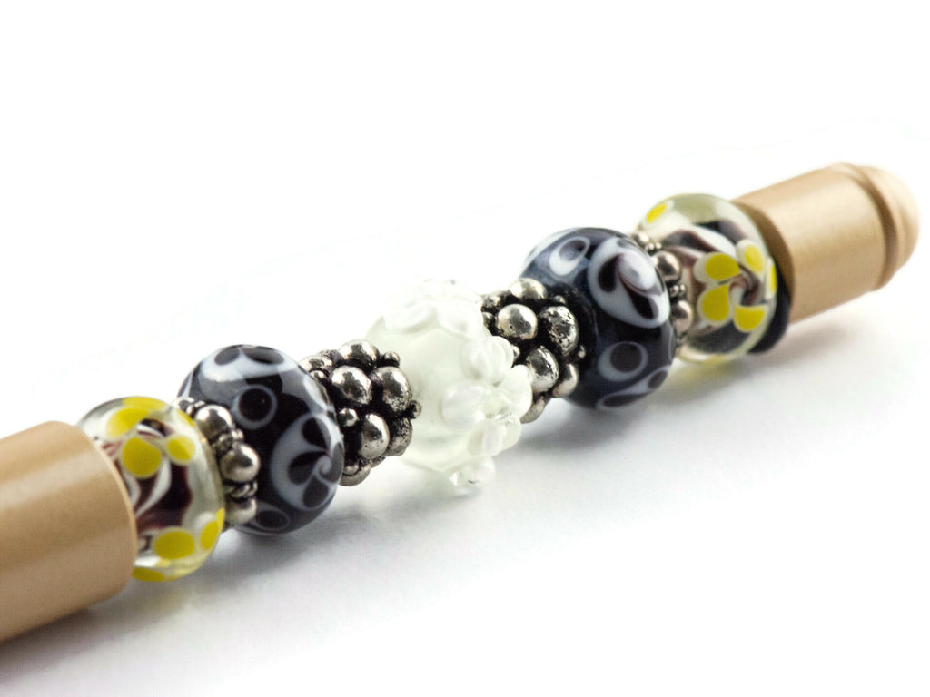 Black and Gold Beaded Metal Ballpoint Pen with Lampwork Glass Beads • Refillable