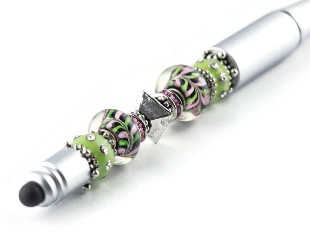 Lime and Pink Lemonade Beaded Silver Stylus Pen • Lampwork Glass Beads • Metal Ballpoint