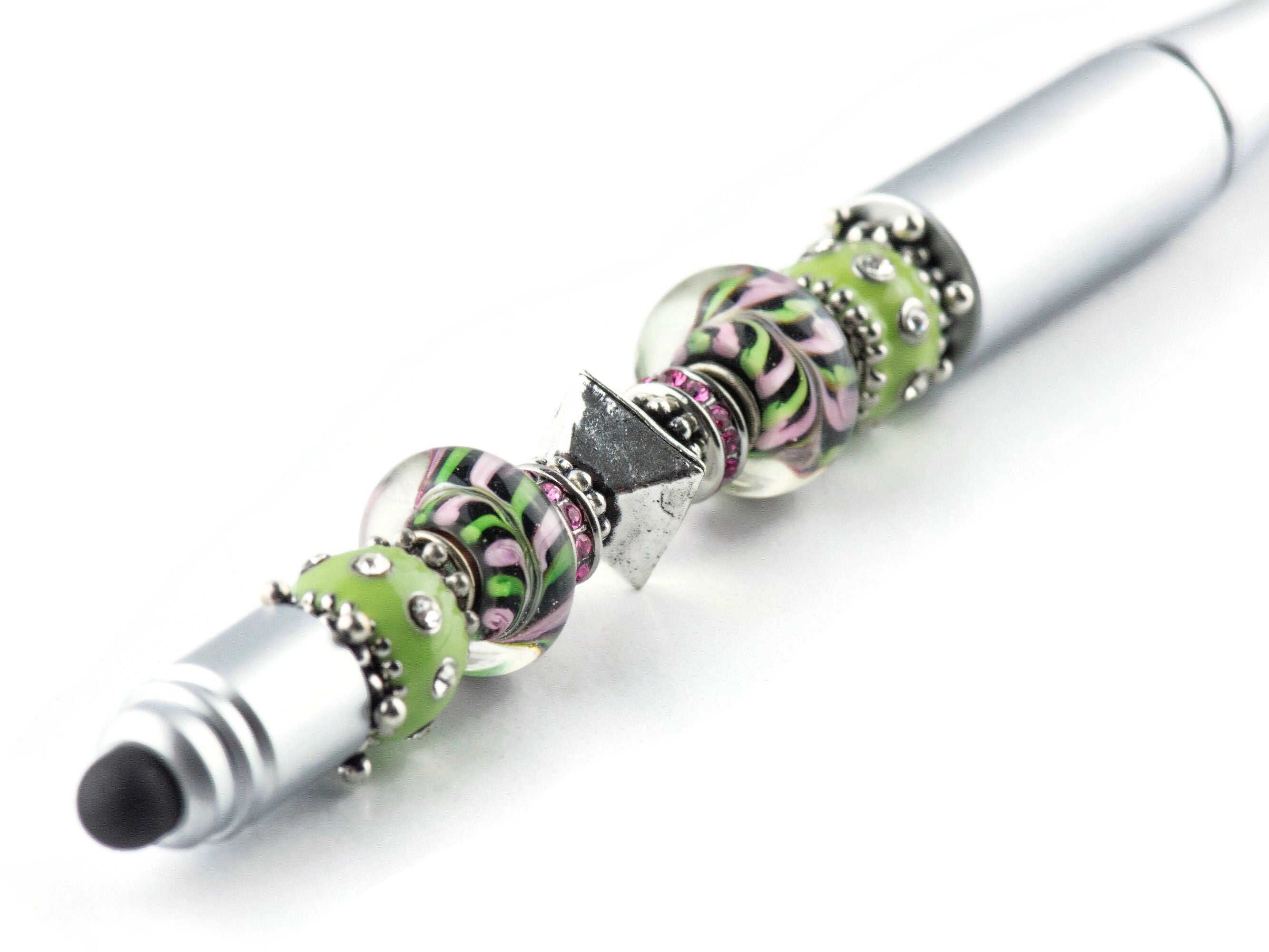Lime and Pink Lemonade Beaded Silver Stylus Pen • Lampwork Glass Beads • Metal Ballpoint