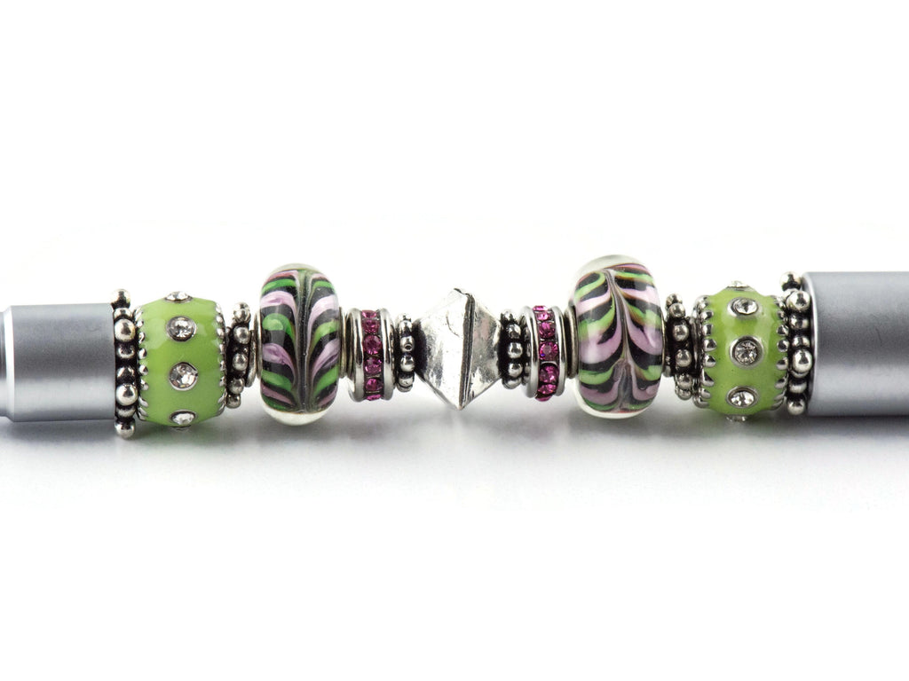 Lime and Pink Lemonade Beaded Silver Stylus Pen • Lampwork Glass Beads • Metal Ballpoint