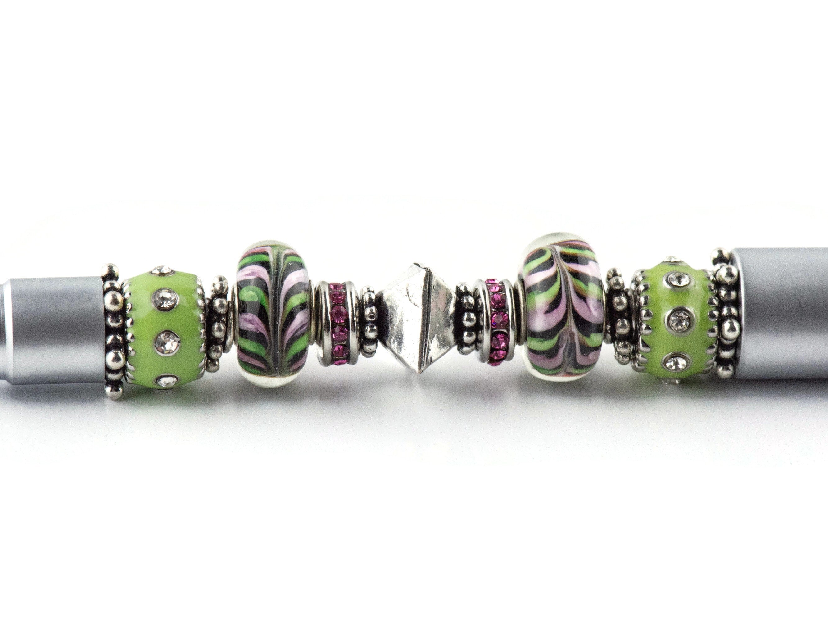 Lime and Pink Lemonade Beaded Silver Stylus Pen • Lampwork Glass Beads • Metal Ballpoint