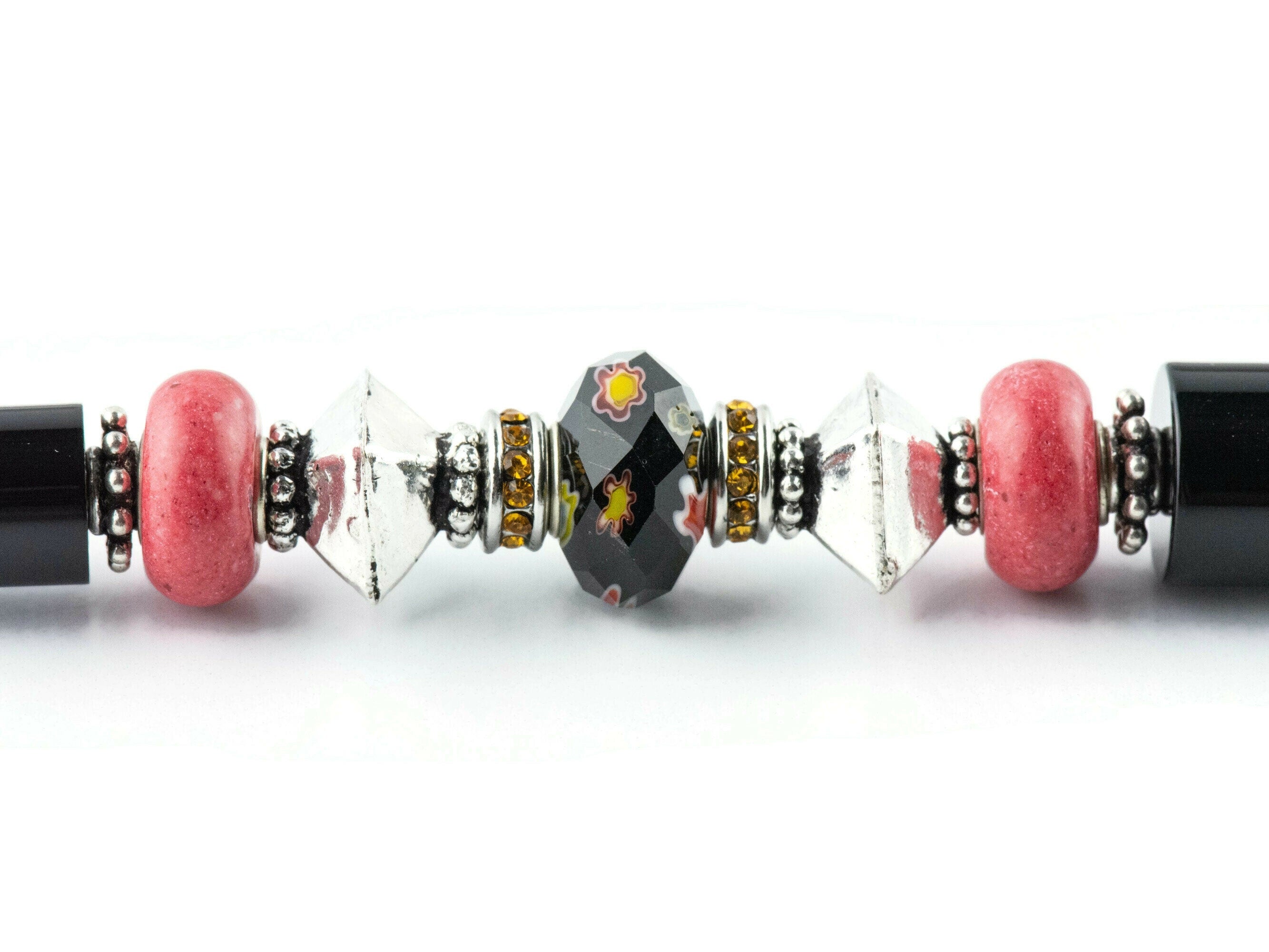 Midnight Rose Beaded Black Stylus Pen • Lampwork Glass Beads • Metal Ballpoint