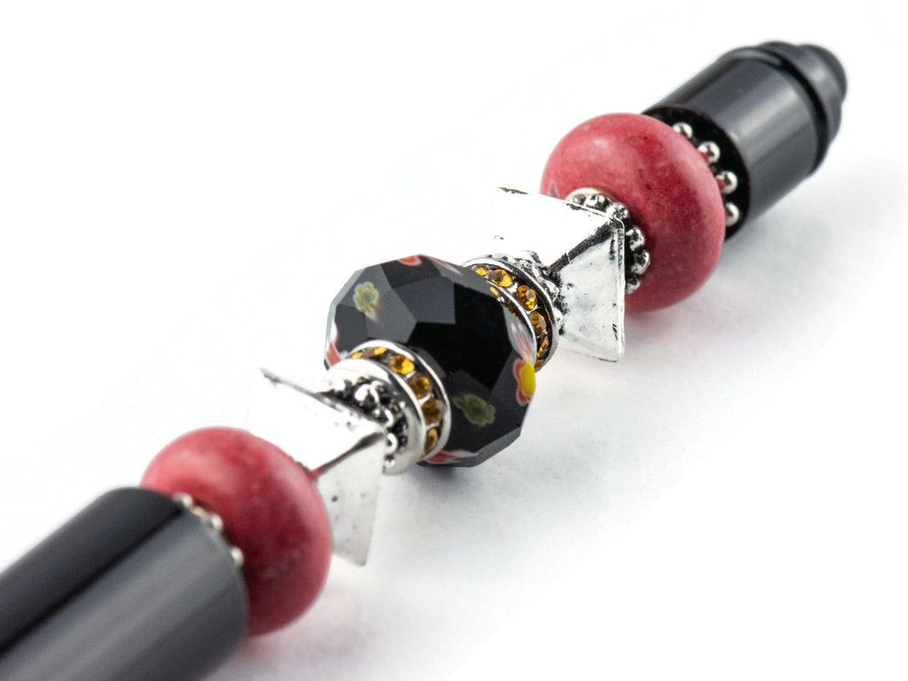 Midnight Rose Beaded Black Stylus Pen • Lampwork Glass Beads • Metal Ballpoint