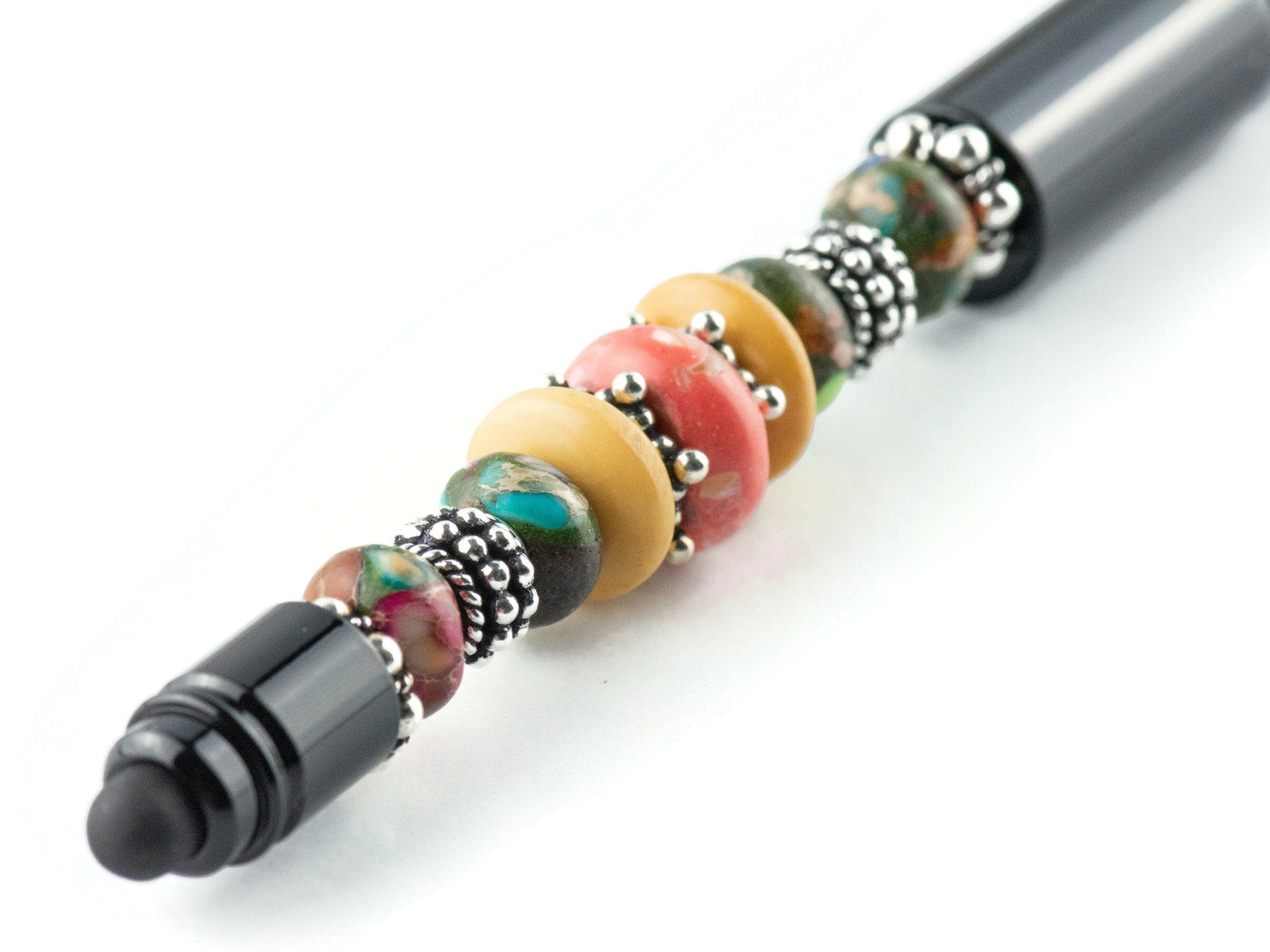Moon Over Miami Beaded Black Stylus Pen • Lampwork Glass Beads • Metal Ballpoint