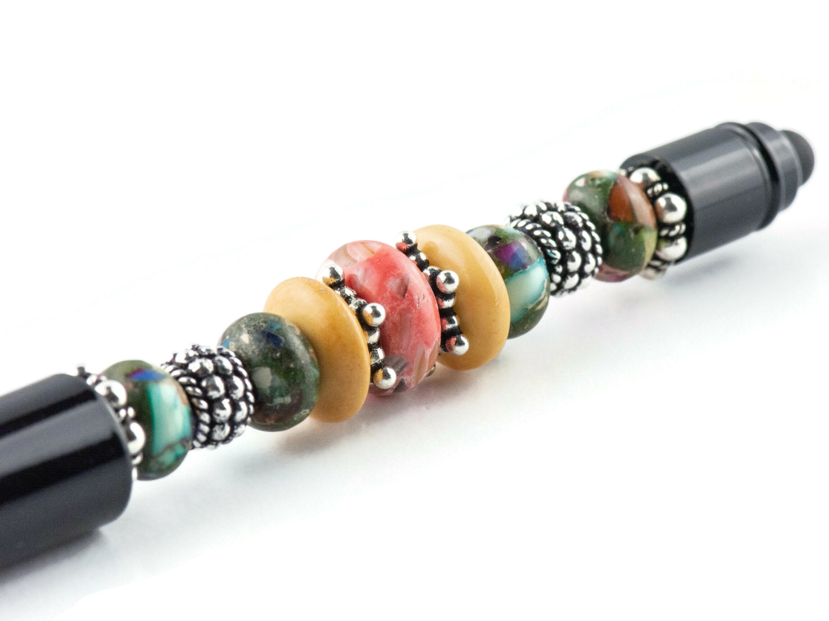 Moon Over Miami Beaded Black Stylus Pen • Lampwork Glass Beads • Metal Ballpoint