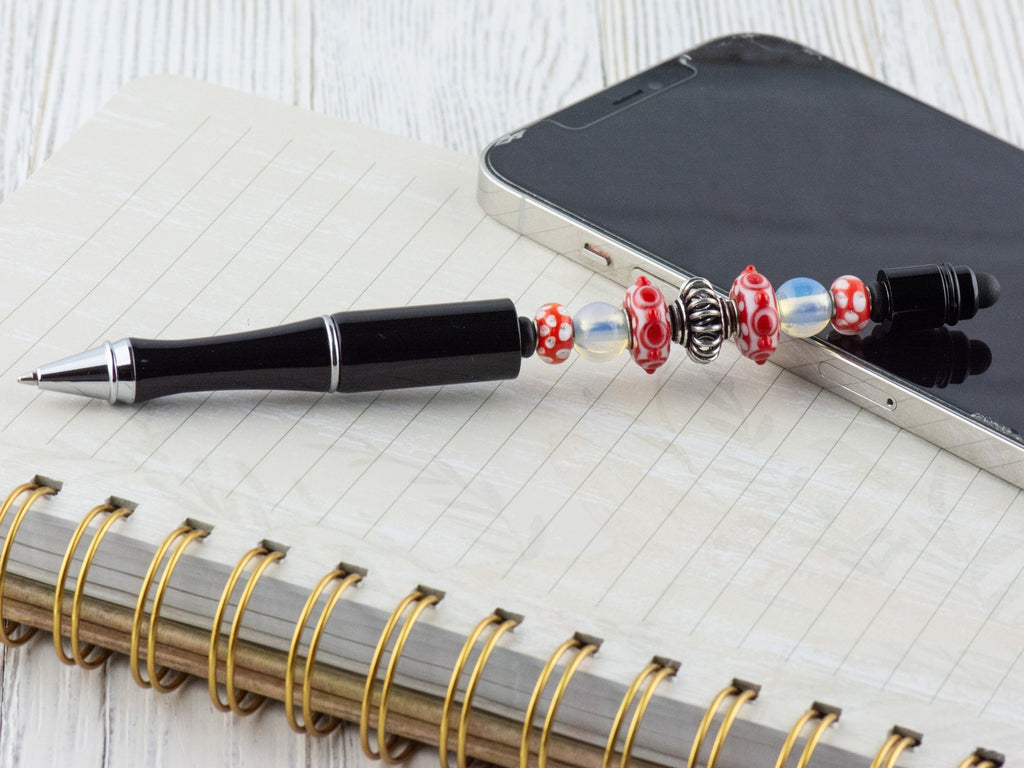 Picnic in the Park Beaded Black Stylus Pen • Lampwork Glass Beads • Metal Ballpoint