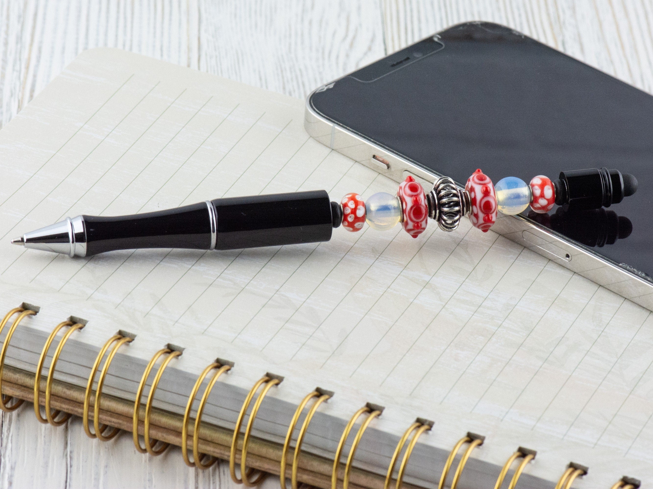 Picnic in the Park Beaded Black Stylus Pen • Lampwork Glass Beads • Metal Ballpoint