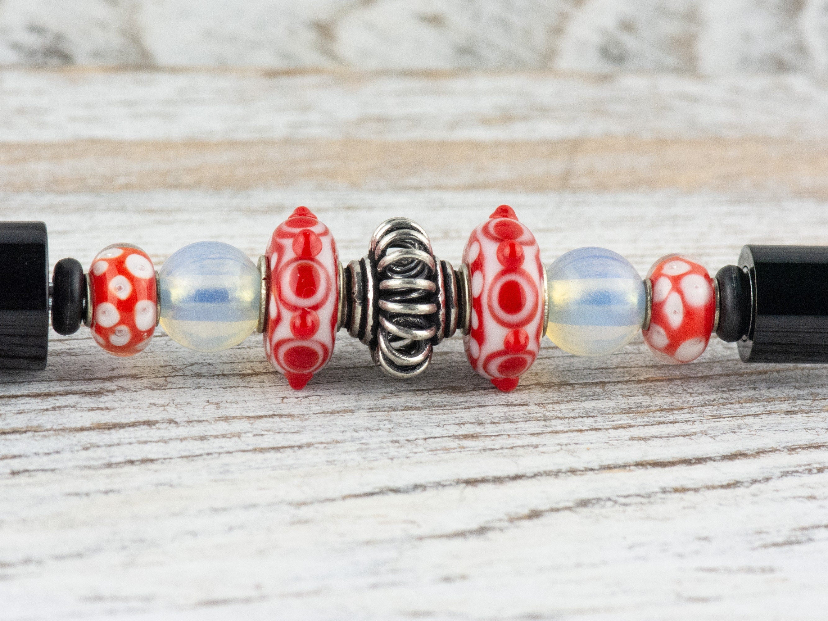 Picnic in the Park Beaded Black Stylus Pen • Lampwork Glass Beads • Metal Ballpoint
