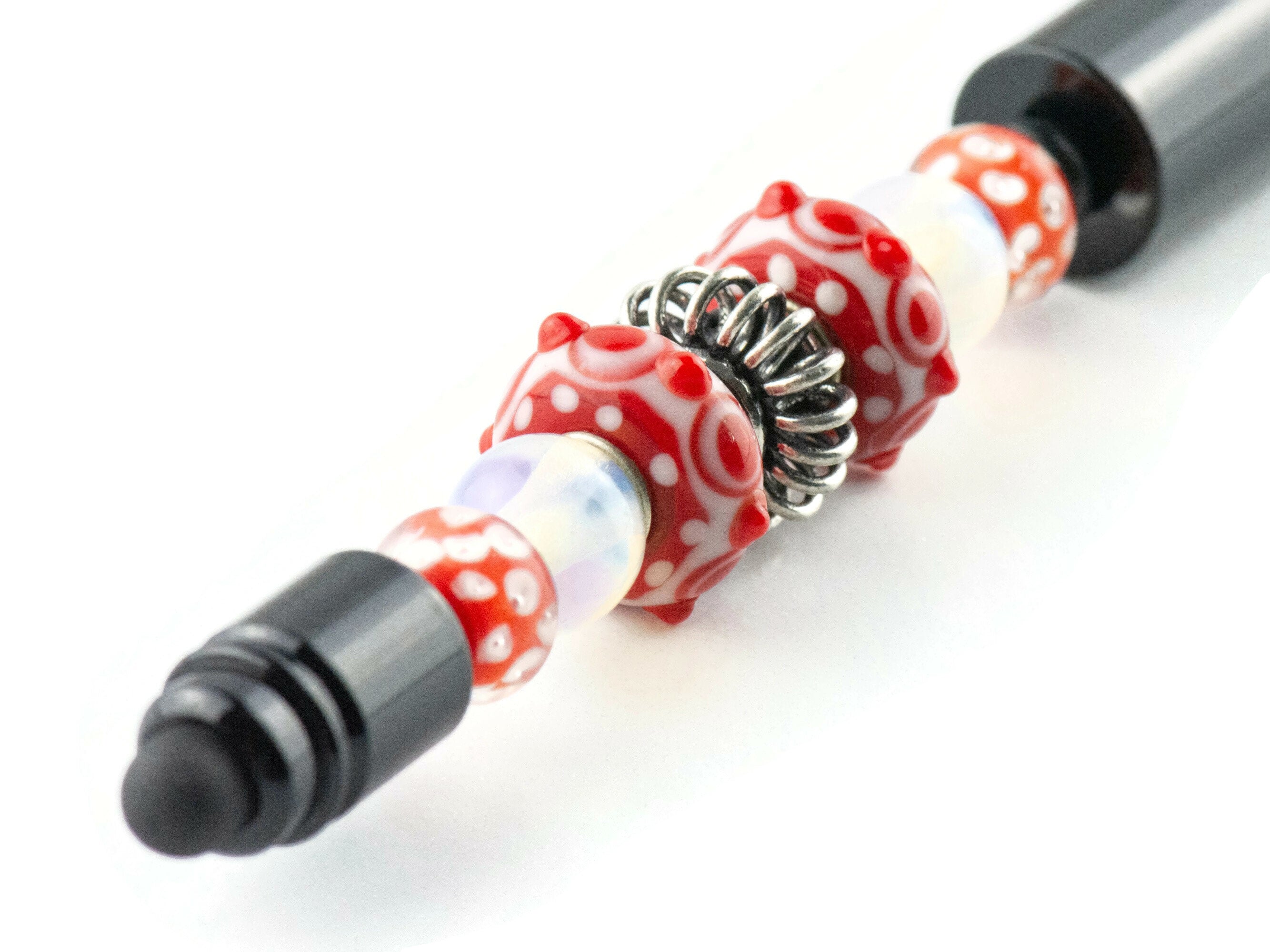Picnic in the Park Beaded Black Stylus Pen • Lampwork Glass Beads • Metal Ballpoint