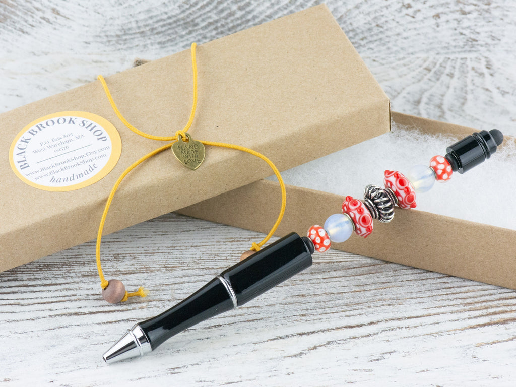 Picnic in the Park Beaded Black Stylus Pen • Lampwork Glass Beads • Metal Ballpoint