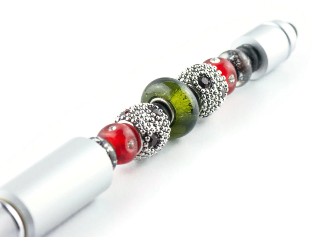 Vintage Christmas Beaded Silver Stylus Pen • Lampwork Glass Beads • Metal Ballpoint