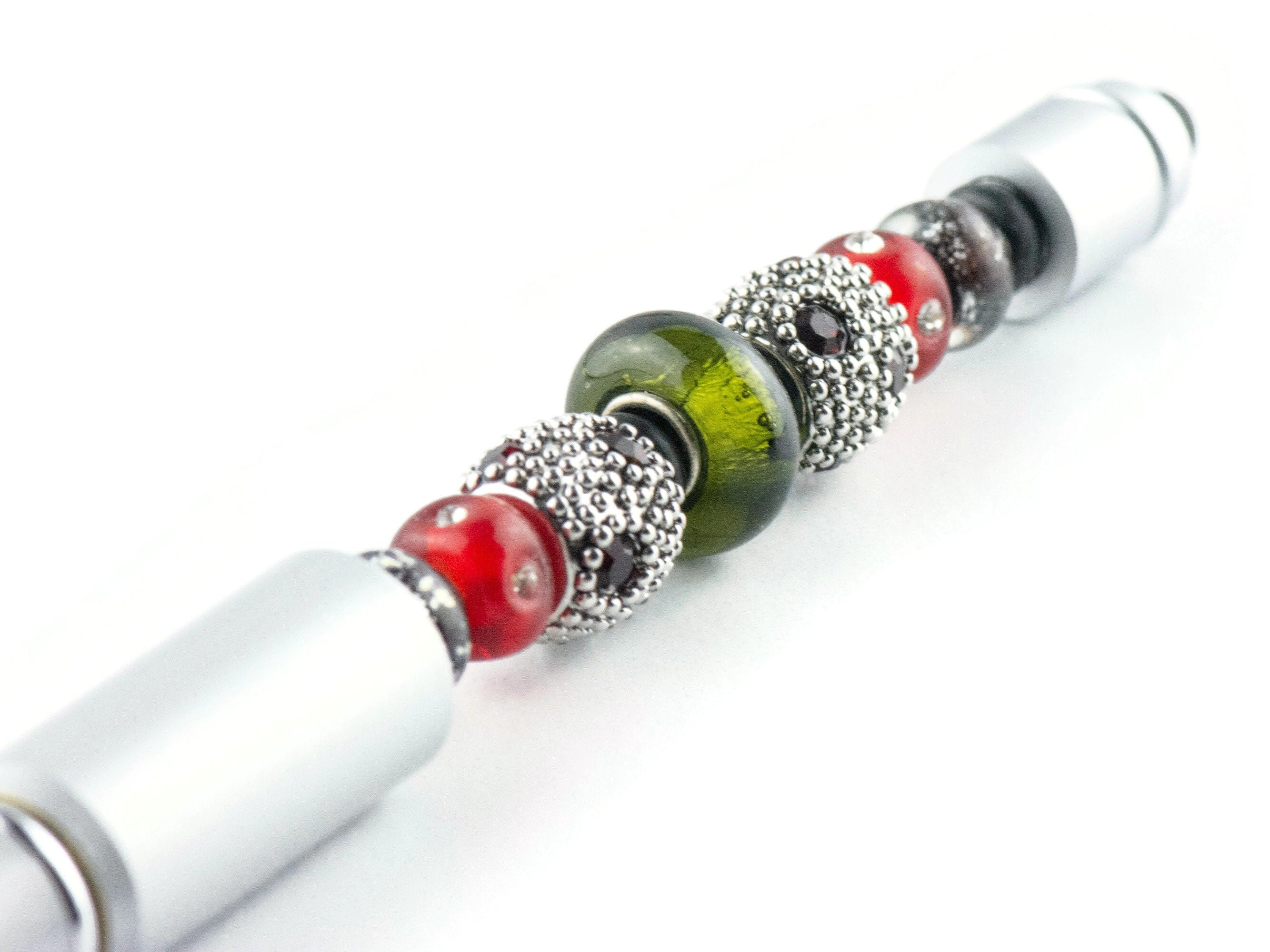 Vintage Christmas Beaded Silver Stylus Pen • Lampwork Glass Beads • Metal Ballpoint