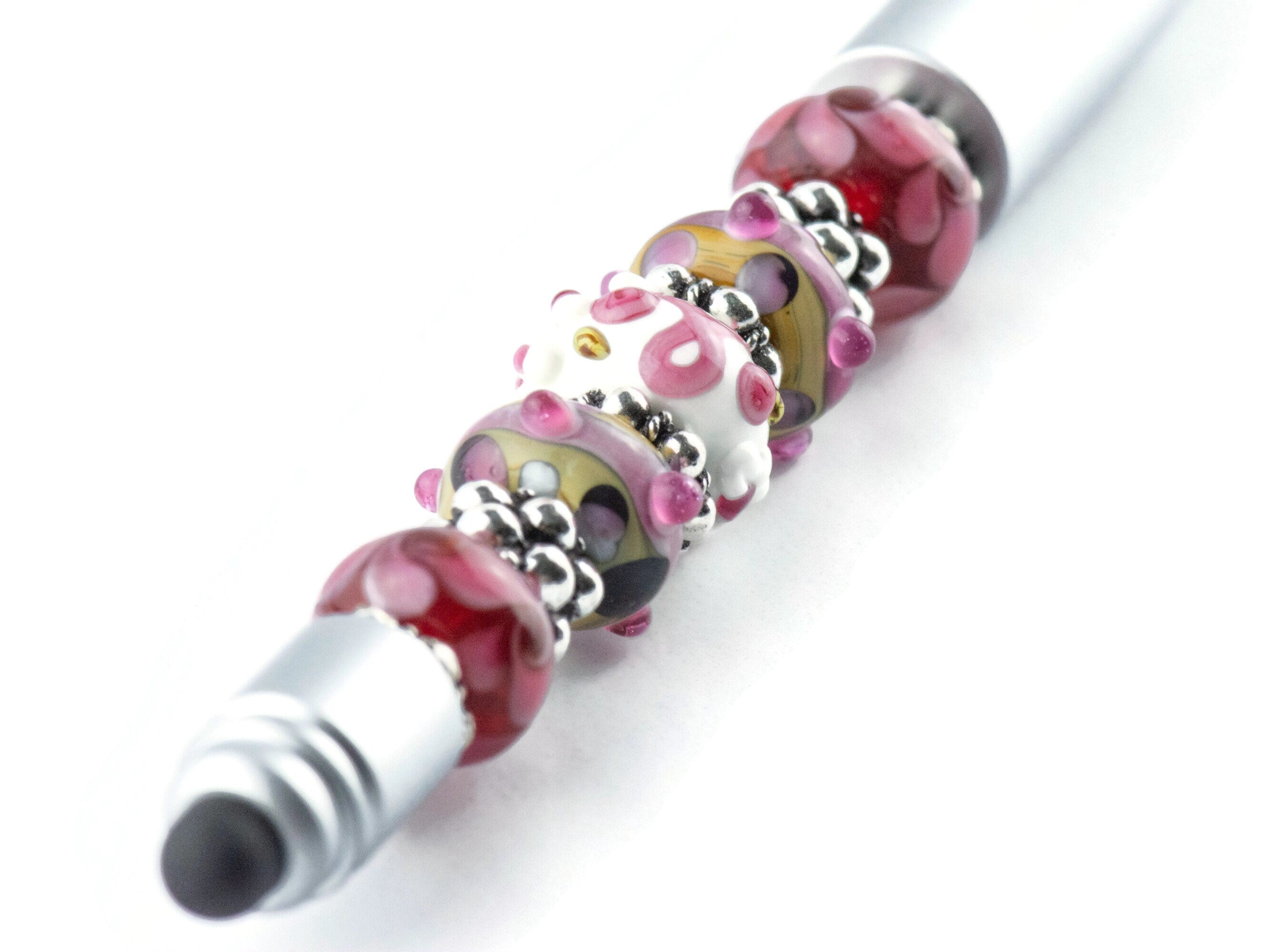 Pink Ribbon Breast Cancer Awareness Beaded Silver Stylus Pen • Lampwork Glass Beads • Metal Ballpoint