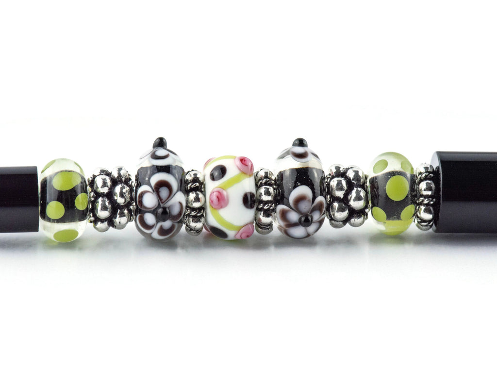 Floral Pop Beaded Black Stylus Pen • Lampwork Glass Beads • Metal Ballpoint