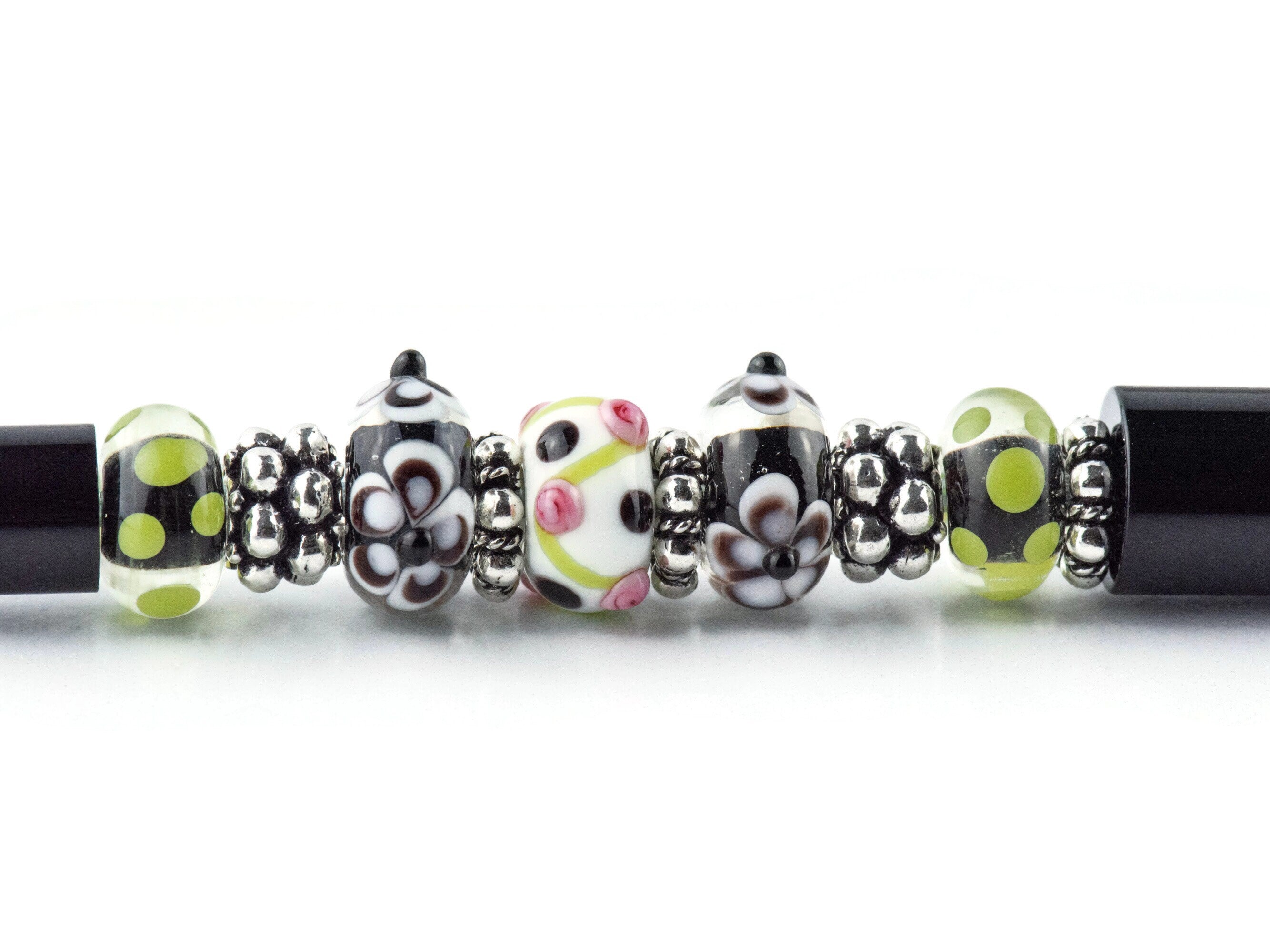 Floral Pop Beaded Black Stylus Pen • Lampwork Glass Beads • Metal Ballpoint