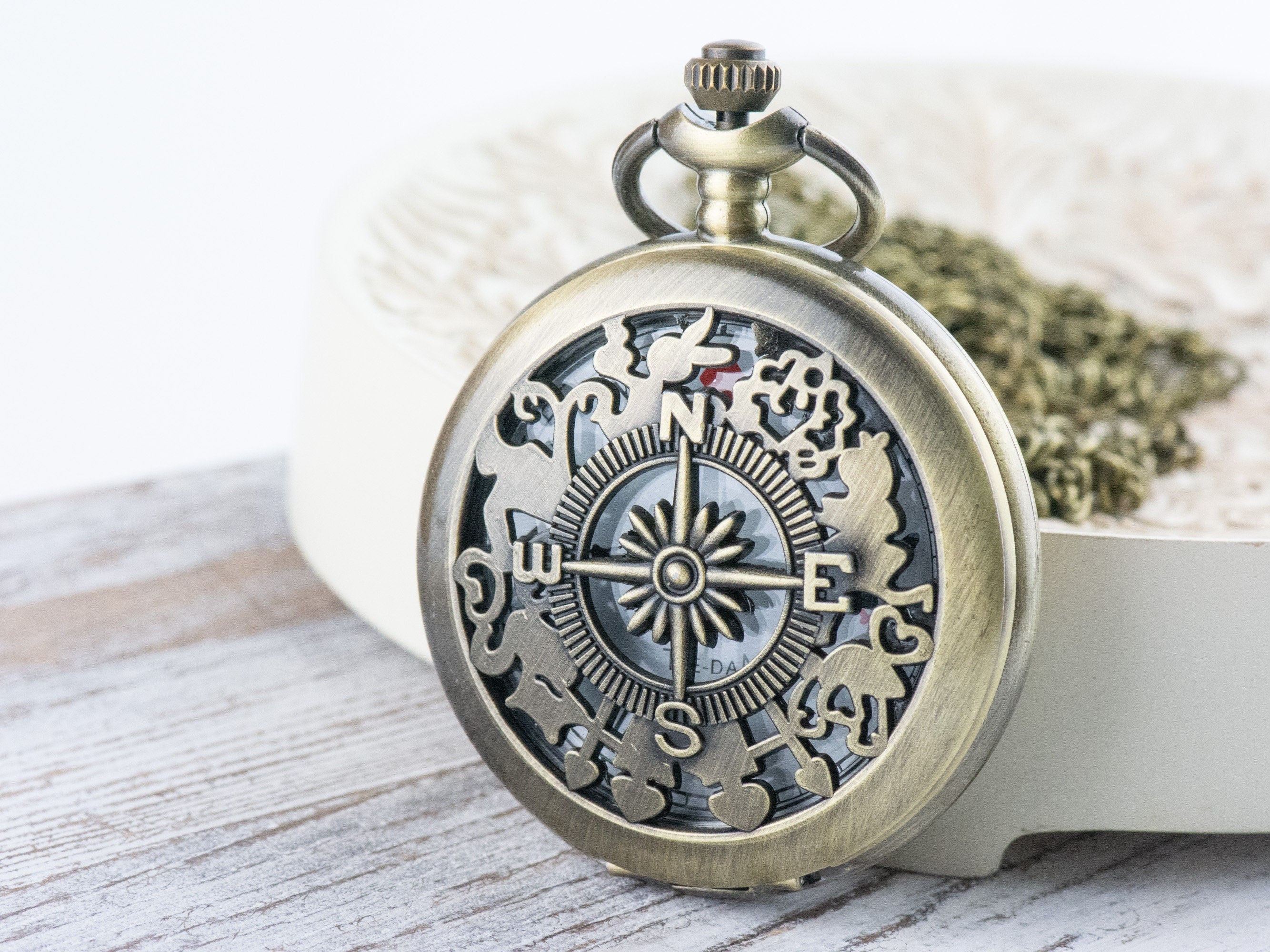 Compass Bronze Pocket Watch Long Necklace / Unique Watches / Nature Inspired Jewelry / Large Pocket Watch