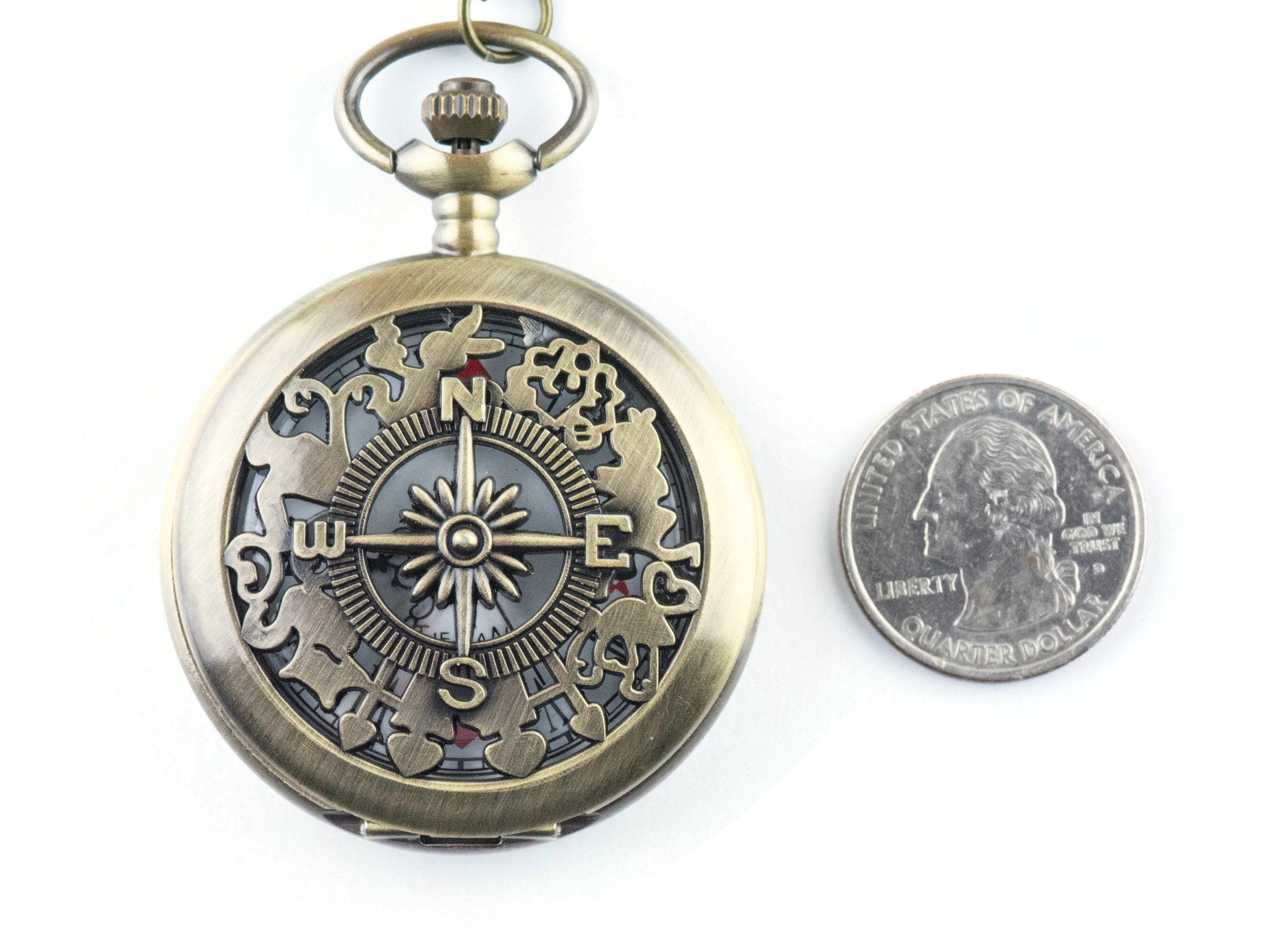 Compass Bronze Pocket Watch Long Necklace / Unique Watches / Nature Inspired Jewelry / Large Pocket Watch