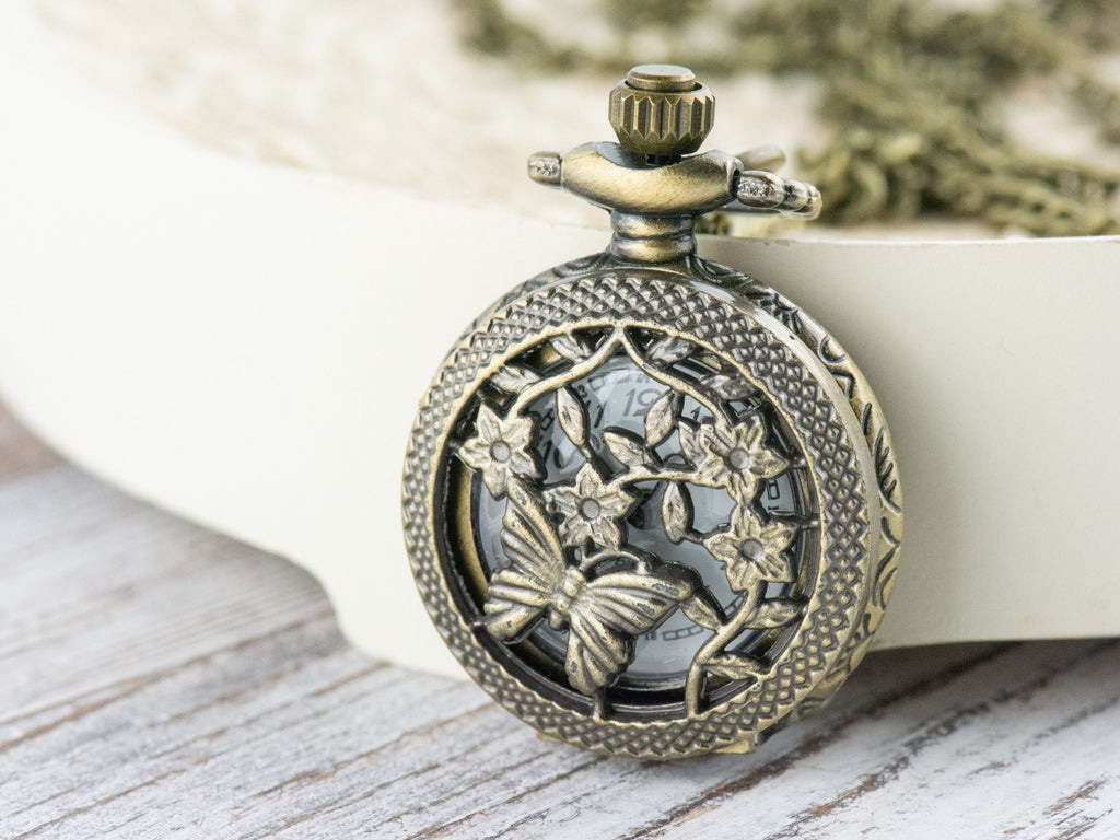 Floral Butterfly Bronze Pocket Watch Long Necklace / Unique Watches / Nature Inspired Jewelry