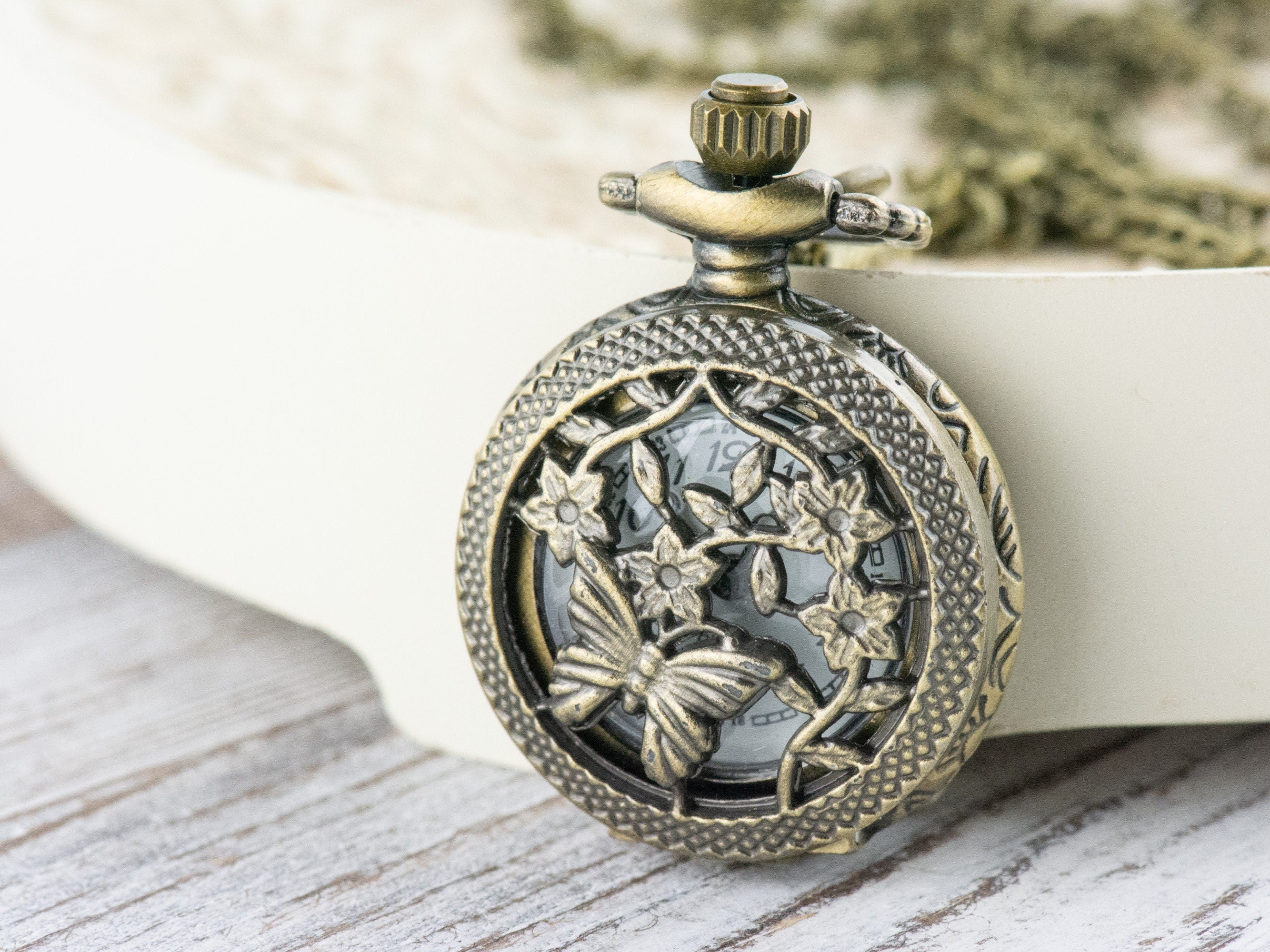 Floral Butterfly Bronze Pocket Watch Long Necklace / Unique Watches / Nature Inspired Jewelry