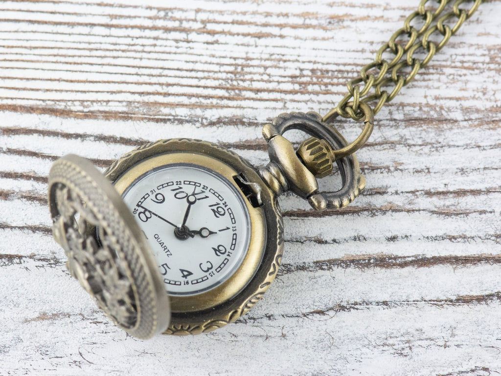 Floral Butterfly Bronze Pocket Watch Long Necklace / Unique Watches / Nature Inspired Jewelry