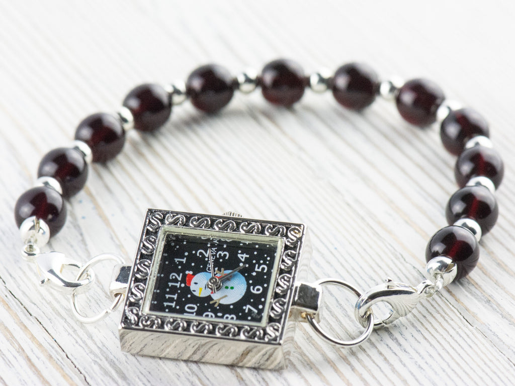 Snowman Watch Face | Winter Watch Face | Black Watch Face | Wrist Watch Face | Beading Watch Face | Women's Silver Watch Face