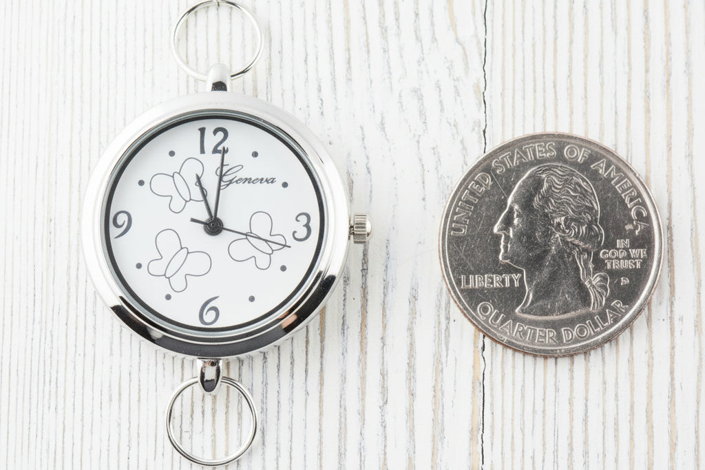 Butterfly Silvertone Round Watch Face • White Dial • DIY Beading Watch • Jewelry Making • Analog • Loops and Battery Included