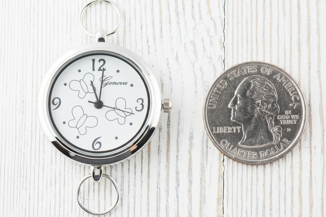 Butterfly Silvertone Round Watch Face • White Dial • DIY Beading Watch • Jewelry Making • Analog • Loops and Battery Included