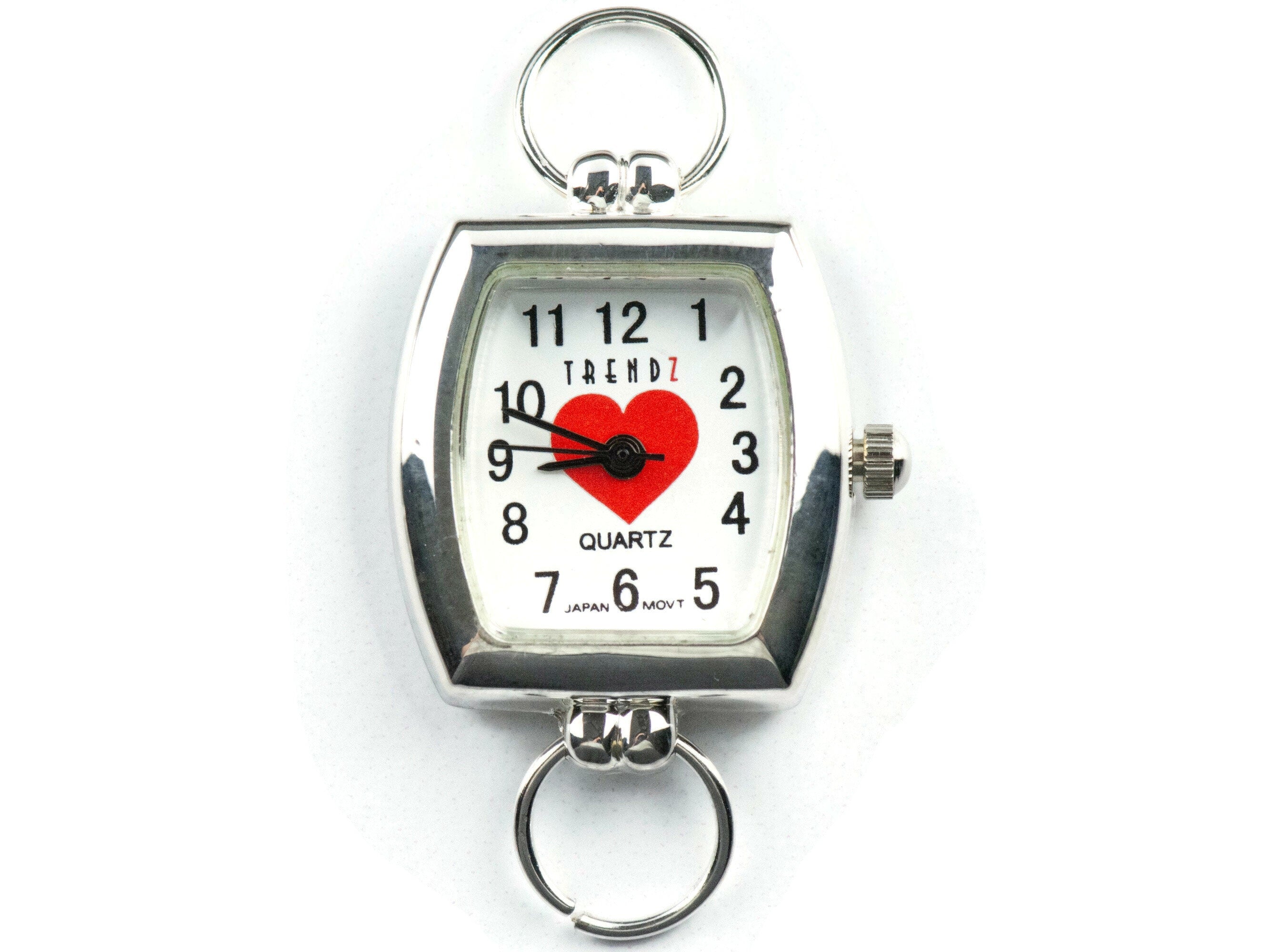 Red Heart White Dial Silvertone Square Rectangle Watch Face • DIY Beading Watch • Jewelry Making • Analog • Loops and Battery Included