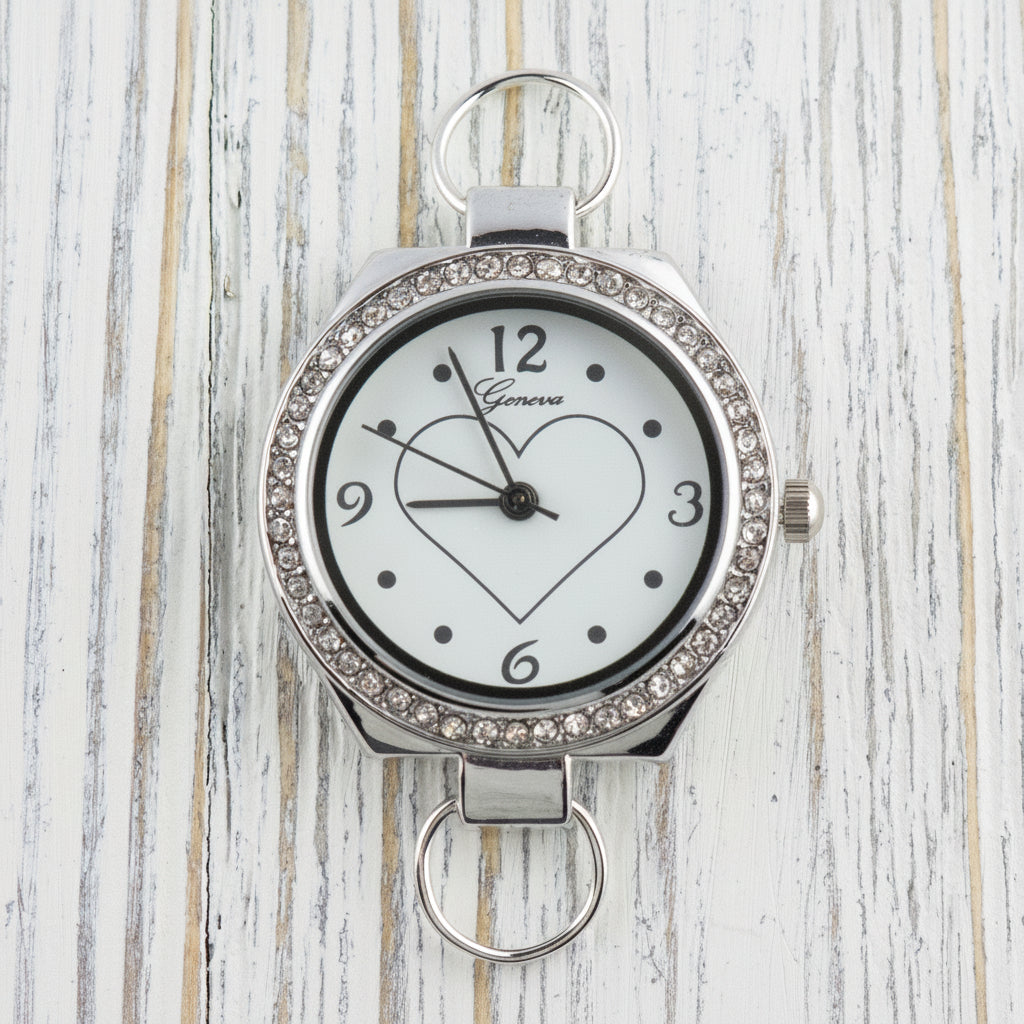 Heart-Outline Rhinestone-Studded Silvertone Round Watch Face • DIY Beading Watch • Jewelry Making • Analog • Loops and Battery Included