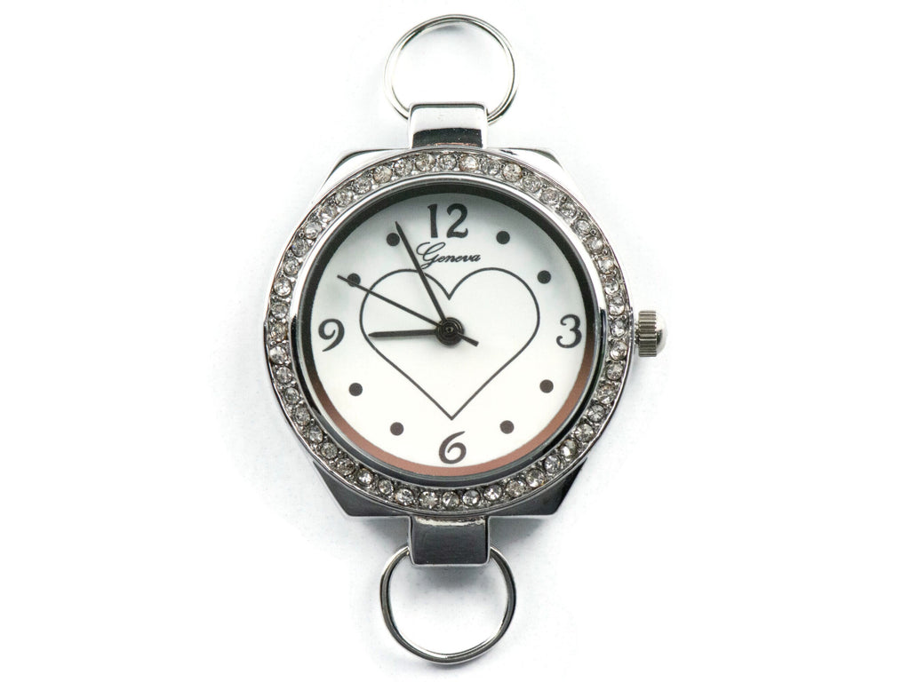Heart-Outline Rhinestone-Studded Silvertone Round Watch Face • DIY Beading Watch • Jewelry Making • Analog • Loops and Battery Included