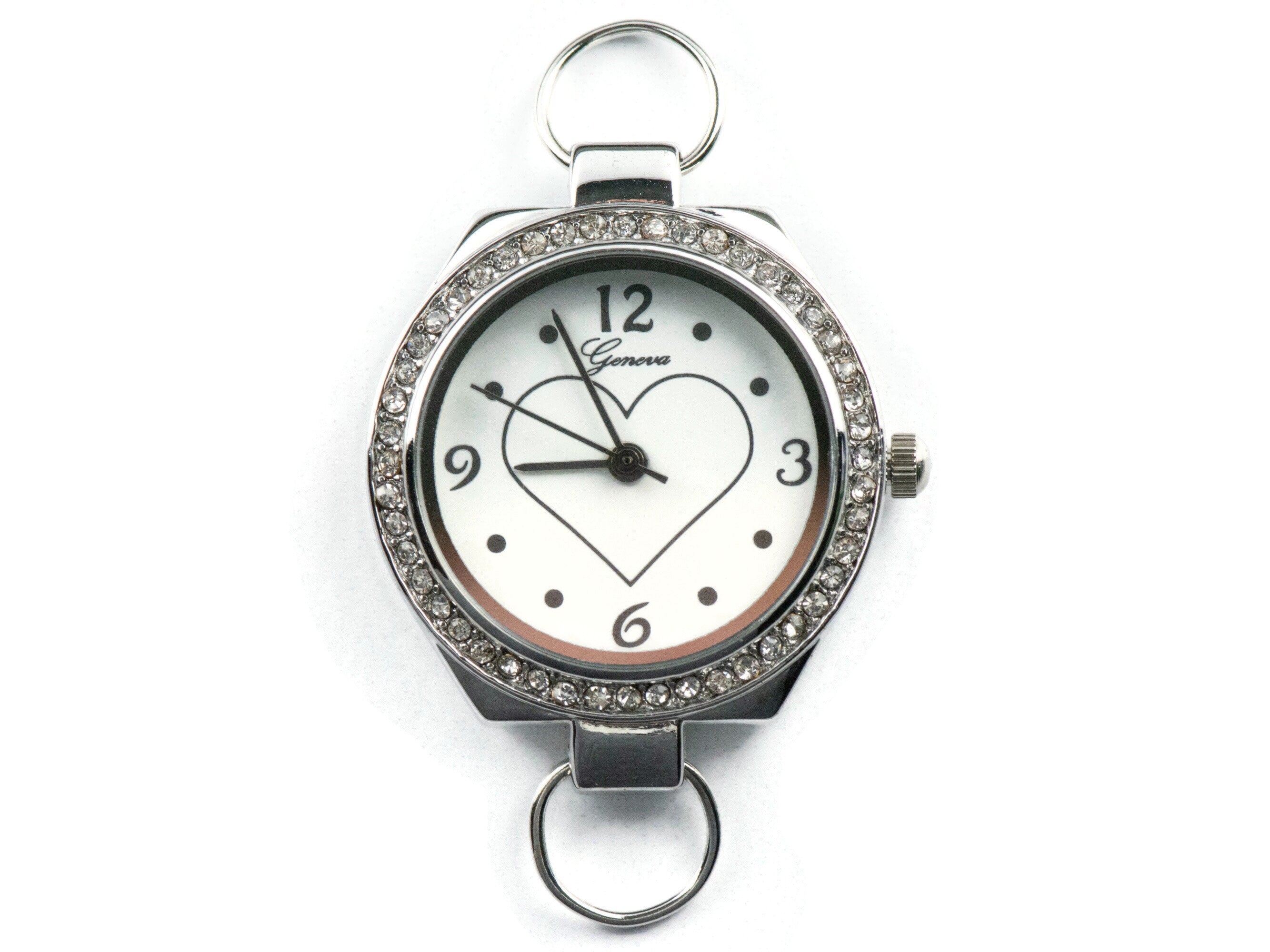 Heart-Outline Rhinestone-Studded Silvertone Round Watch Face • DIY Beading Watch • Jewelry Making • Analog • Loops and Battery Included