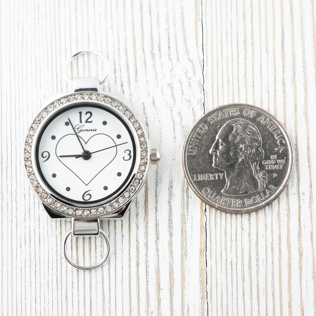Heart-Outline Rhinestone-Studded Silvertone Round Watch Face • DIY Beading Watch • Jewelry Making • Analog • Loops and Battery Included