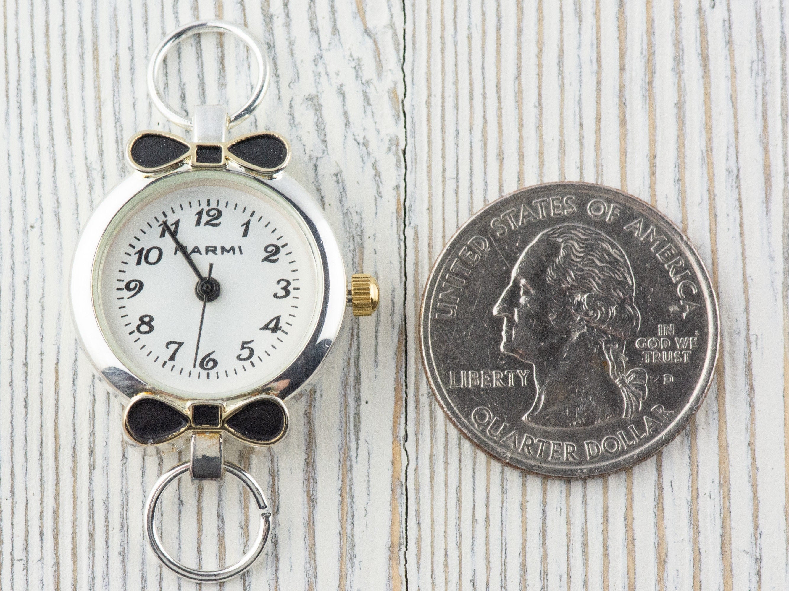 Black Bow Tie Two-Tone Round Watch Face • White Dial • DIY Beading Watch • Jewelry Making • Analog • Loops and Battery Included