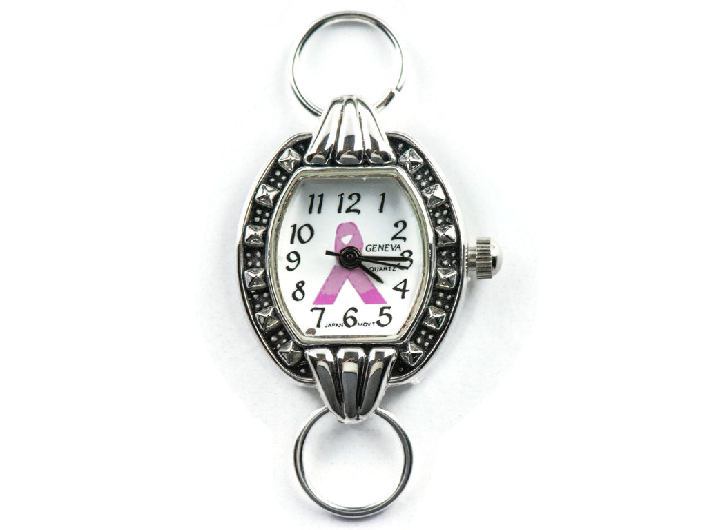 Pink Ribbon Silvertone Square Watch Face • White Dial • DIY Beading Watch • Jewelry Making • Analog • Loops and Battery Included