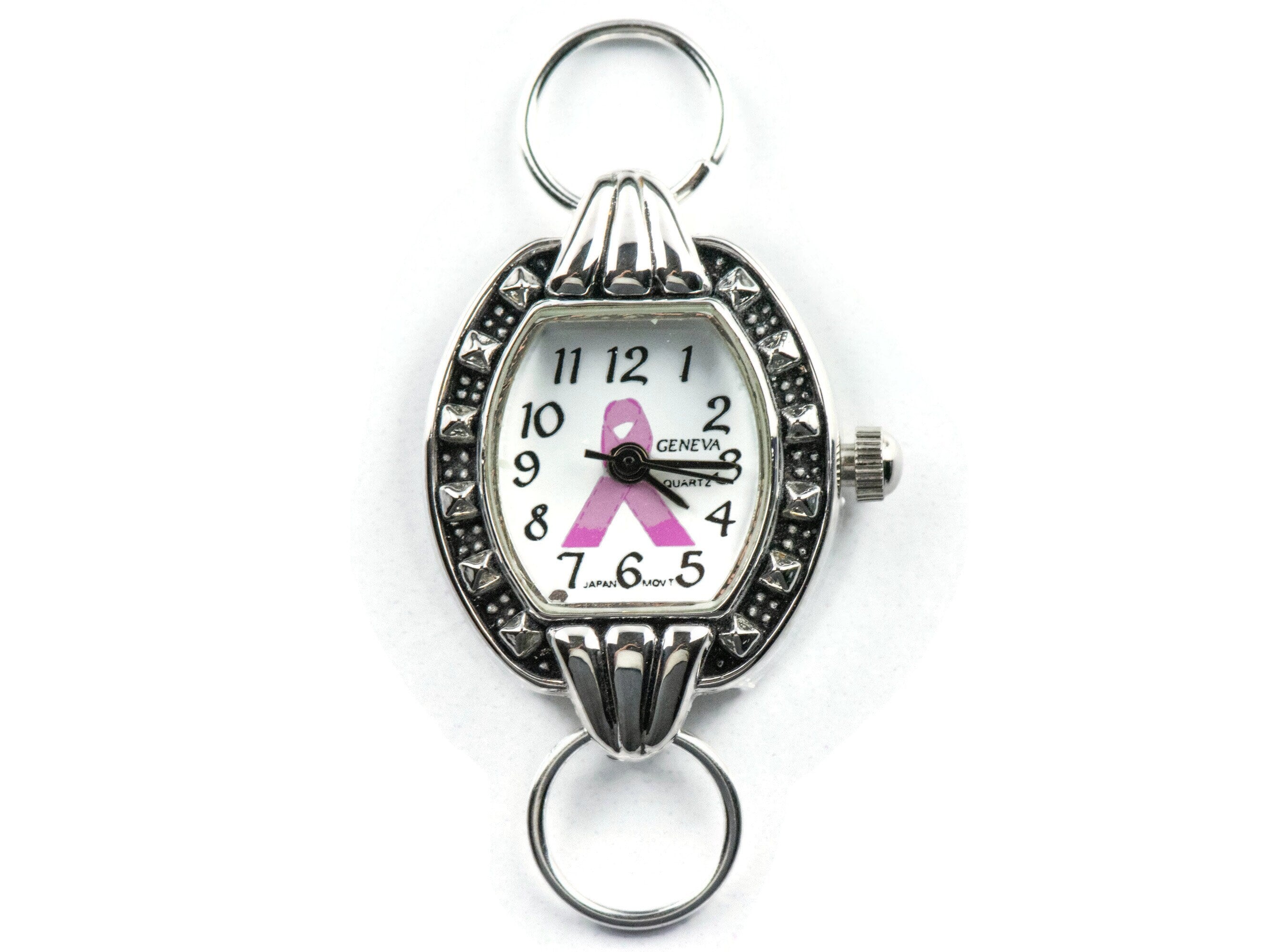 Pink Ribbon Silvertone Square Watch Face • White Dial • DIY Beading Watch • Jewelry Making • Analog • Loops and Battery Included