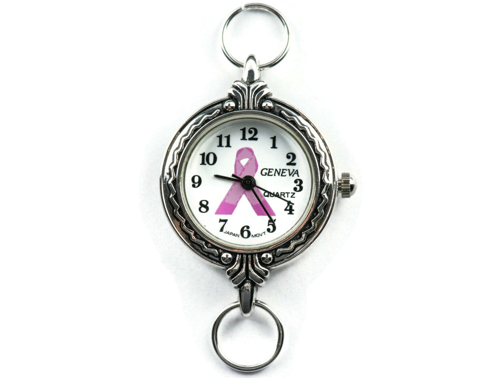 Pink Ribbon Silvertone Fancy Round Watch Face • White Dial • DIY Beading Watch • Jewelry Making • Analog • Loops and Battery Included