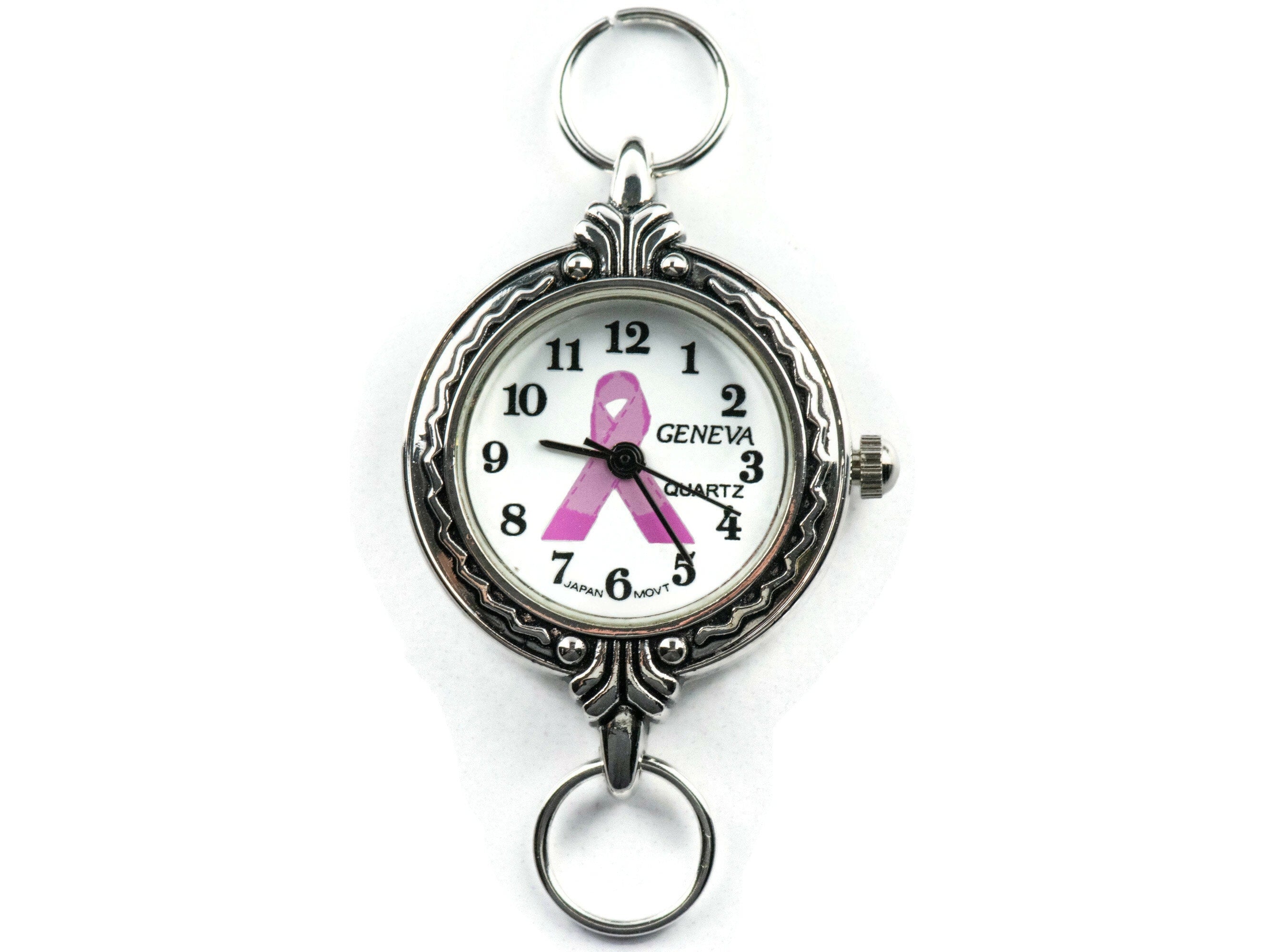 Pink Ribbon Silvertone Fancy Round Watch Face • White Dial • DIY Beading Watch • Jewelry Making • Analog • Loops and Battery Included