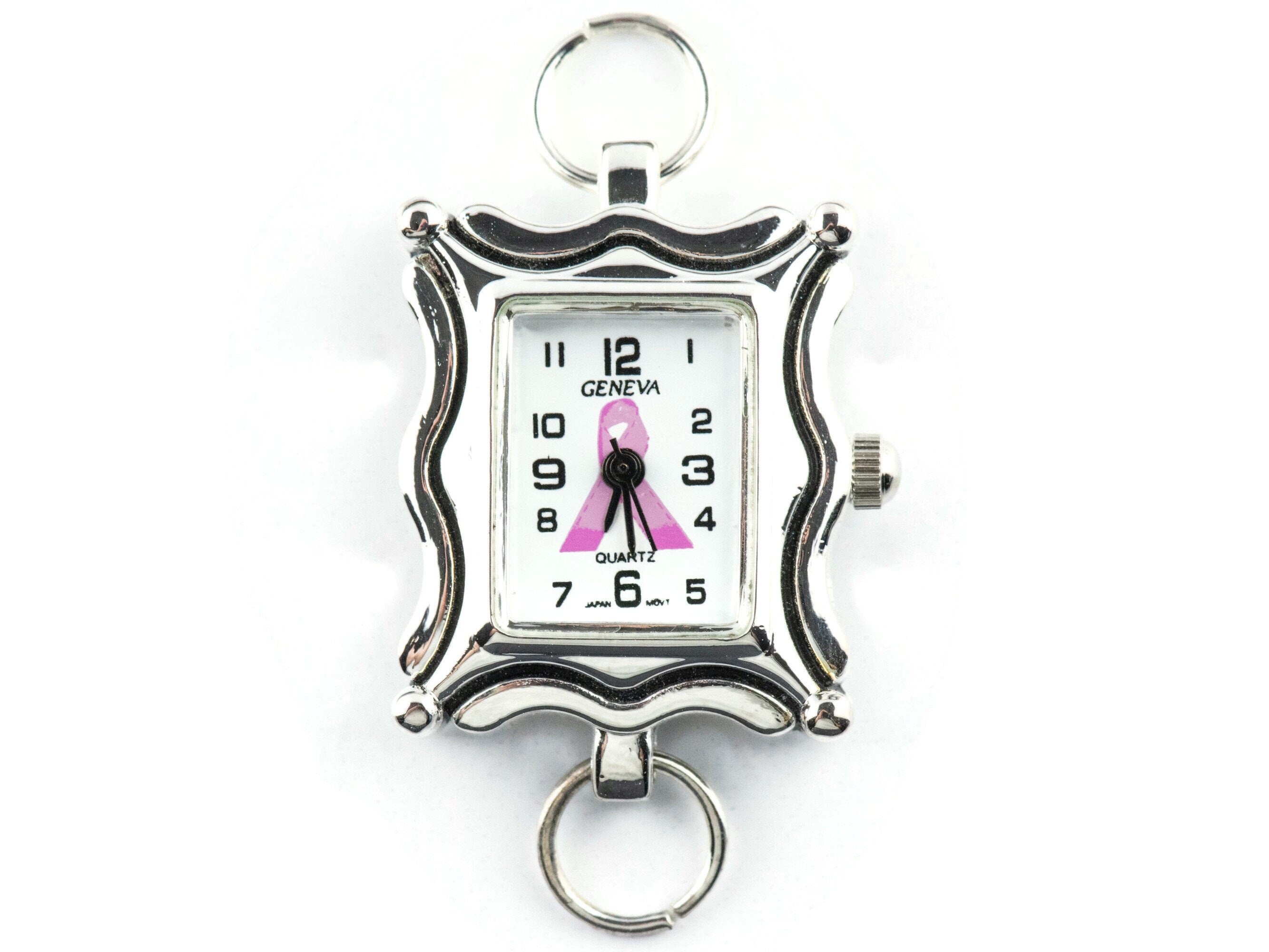 Pink Ribbon Silvertone Square Watch Face • White Dial • DIY Beading Watch • Jewelry Making • Analog • Loops and Battery Included