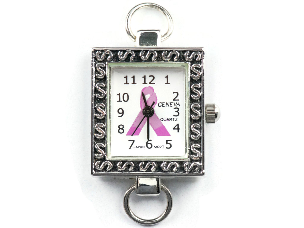 Pink Ribbon Silvertone Square Watch Face • White Dial • DIY Beading Watch • Jewelry Making • Analog • Loops and Battery Included