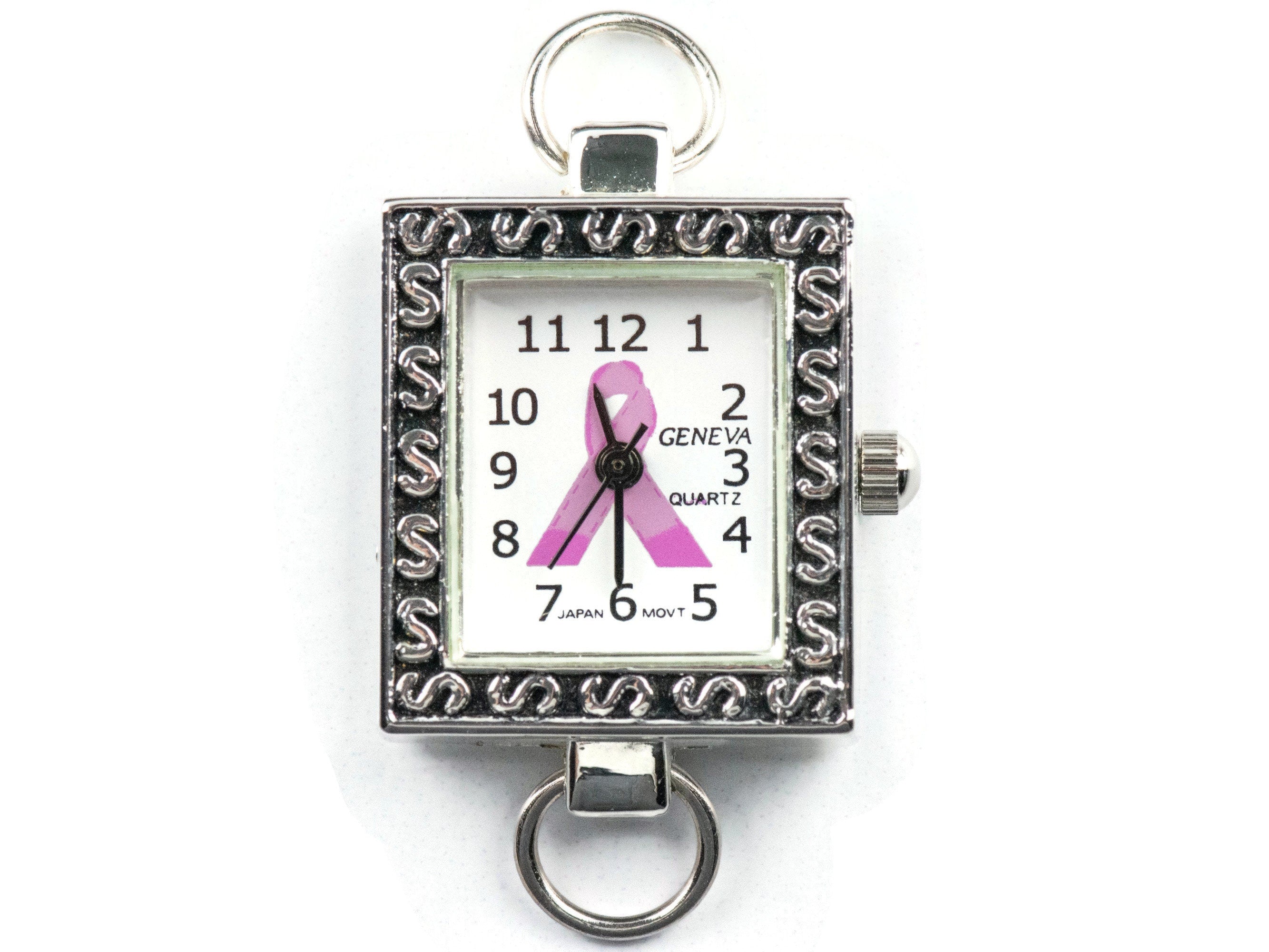 Pink Ribbon Silvertone Square Watch Face • White Dial • DIY Beading Watch • Jewelry Making • Analog • Loops and Battery Included