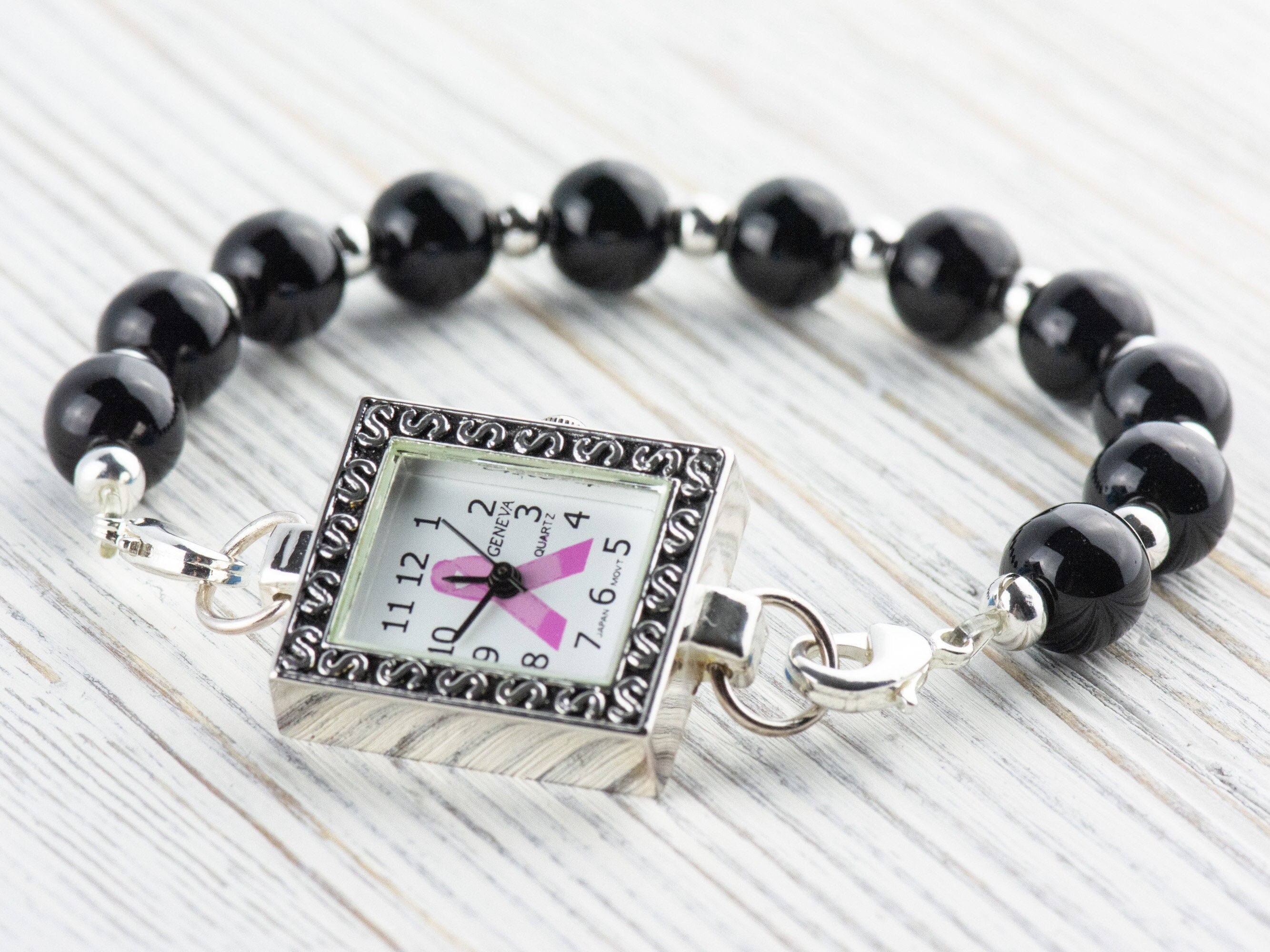 Pink Ribbon Silvertone Square Watch Face • White Dial • DIY Beading Watch • Jewelry Making • Analog • Loops and Battery Included