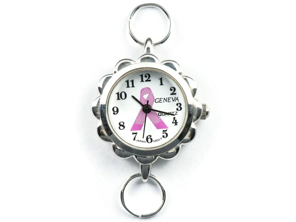 Pink Ribbon Silvertone Flower Watch Face • White Dial • DIY Beading Watch • Jewelry Making • Analog • Loops and Battery Included