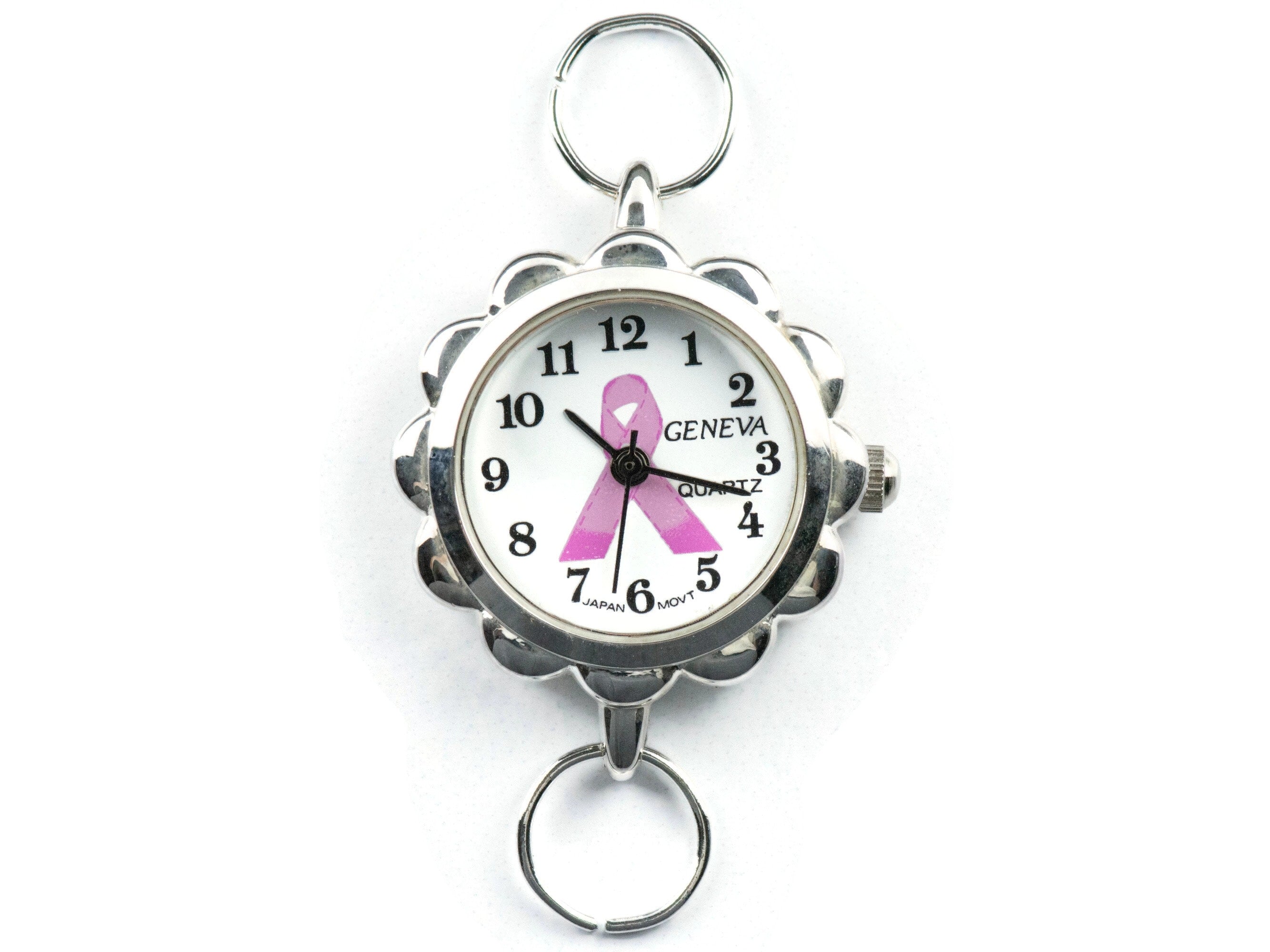 Pink Ribbon Silvertone Flower Watch Face • White Dial • DIY Beading Watch • Jewelry Making • Analog • Loops and Battery Included
