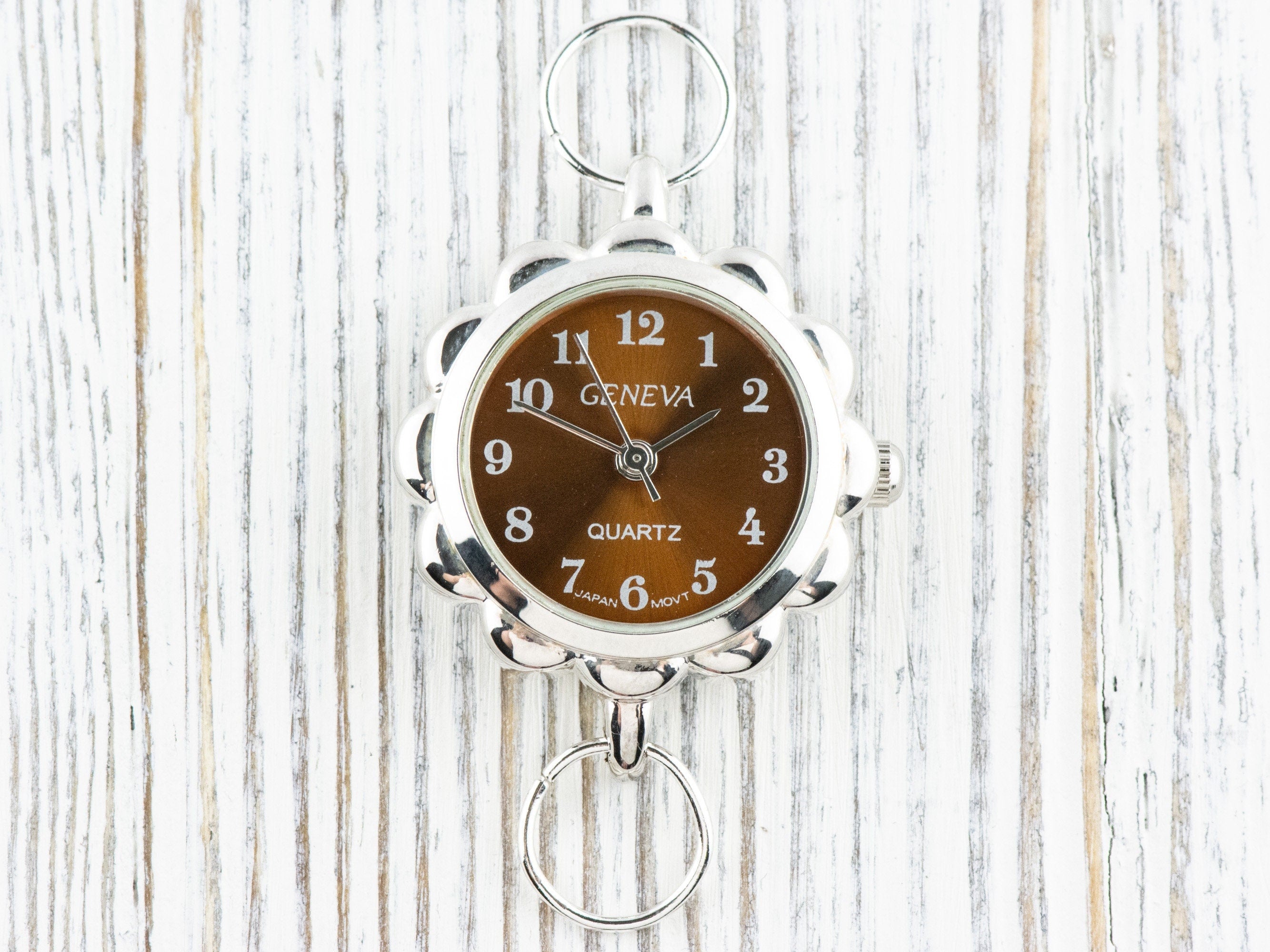 Brown Dial Silvertone Flower Watch Face • DIY Beading Watch • Jewelry Making • Analog • Loops and Battery Included